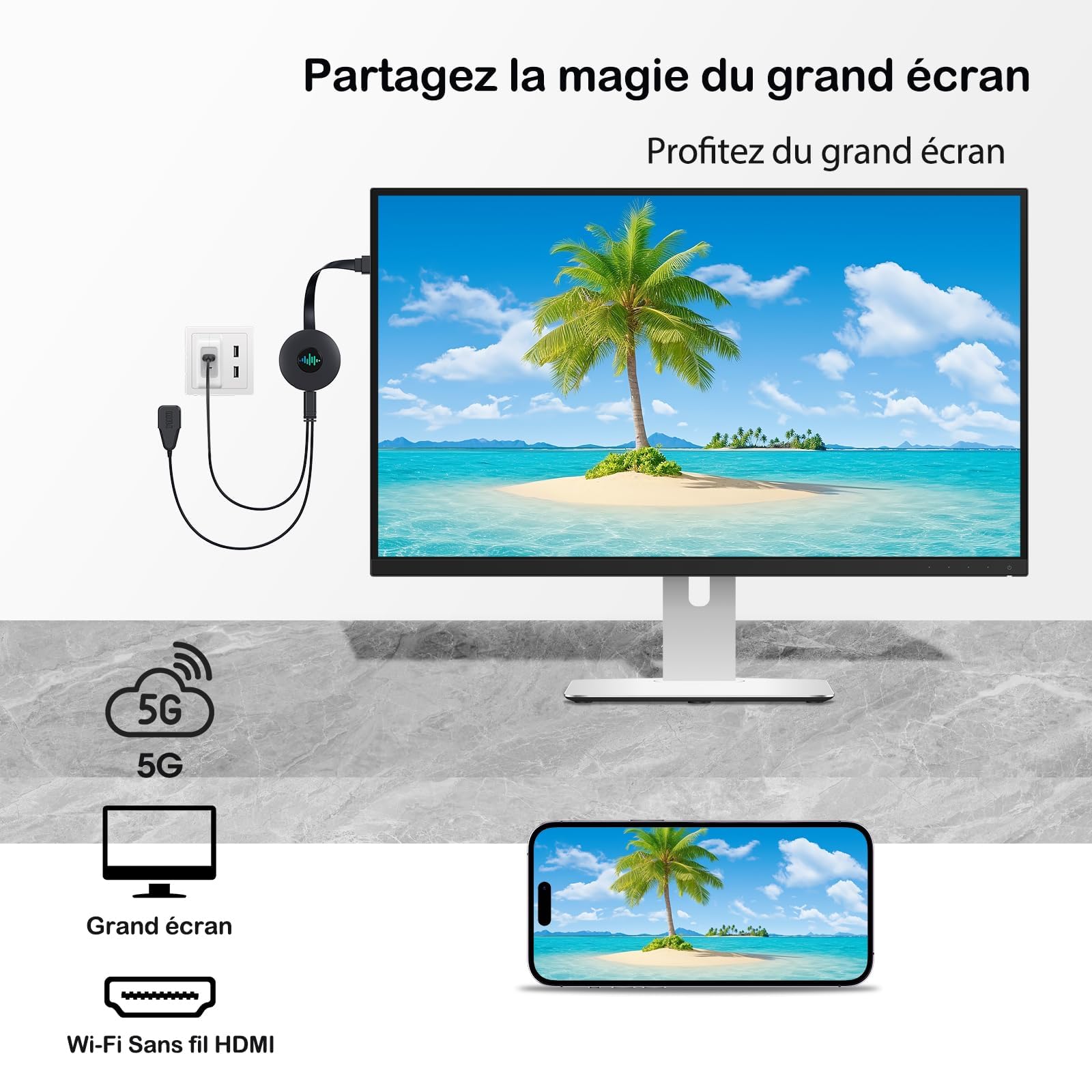 5G Dongle HDMI sans Fil, 4K Adaptateur Affichage Miracast/AirPlay/DLNA - Transmission Écran pour iPhone, Android, Windows, Mac vers TV, Projecteur, Moniteur (Noir nacré)