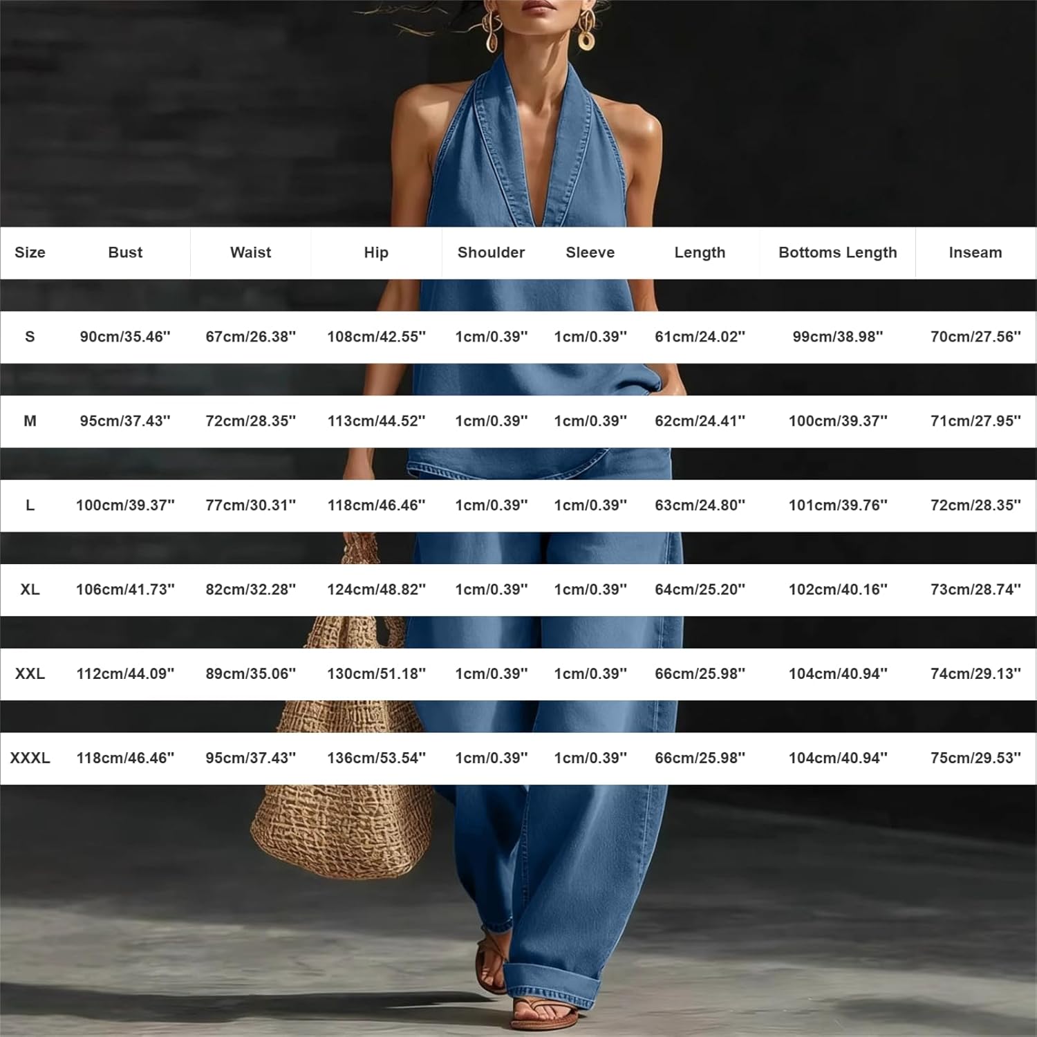 Women's Halter Denim Sets Summer Sleeveless Tank Top and Wide Leg Pants Two Piece Outfit Solid Color Jean Sets