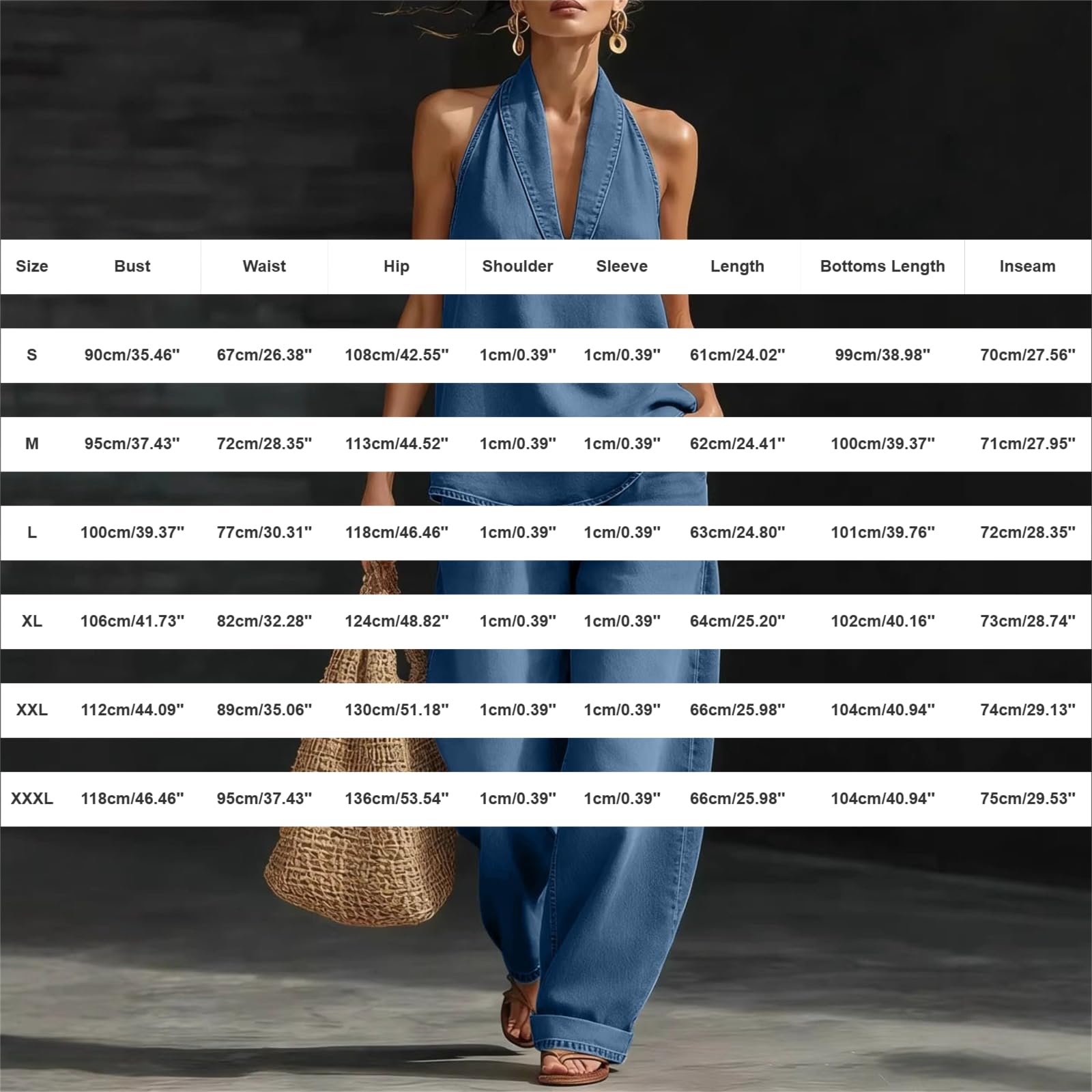 Tuta estiva da donna, due pezzi, allacciatura al collo, scollo a V, top in jeans, pantaloni larghi con risvolto, colletto con bottoni, set vintage estetico, elegante abbigliamento da salotto