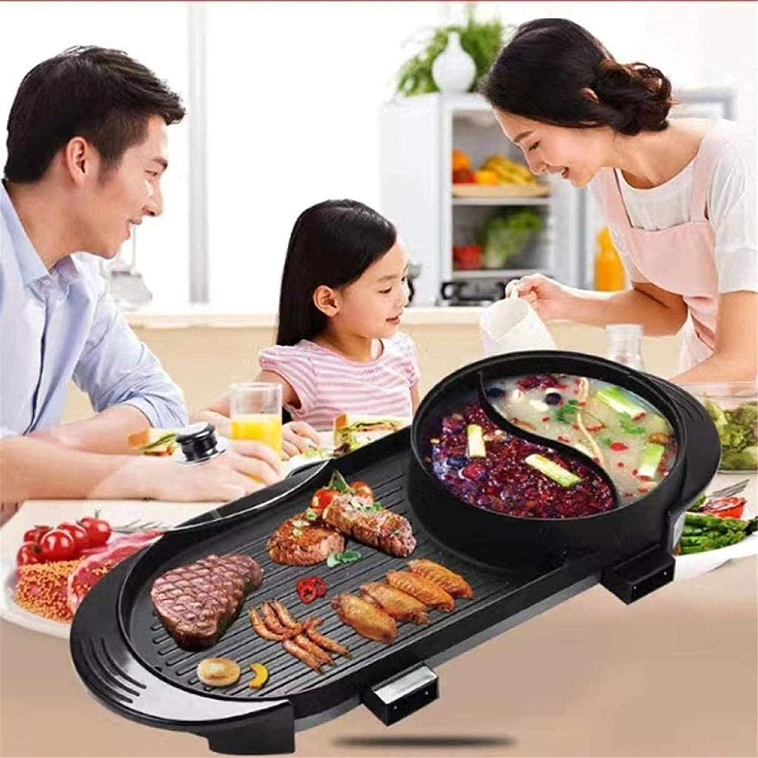 Parrilla Eléctrica BBQ con Olla Caliente 2 en 1, 1700W, Antiadherente