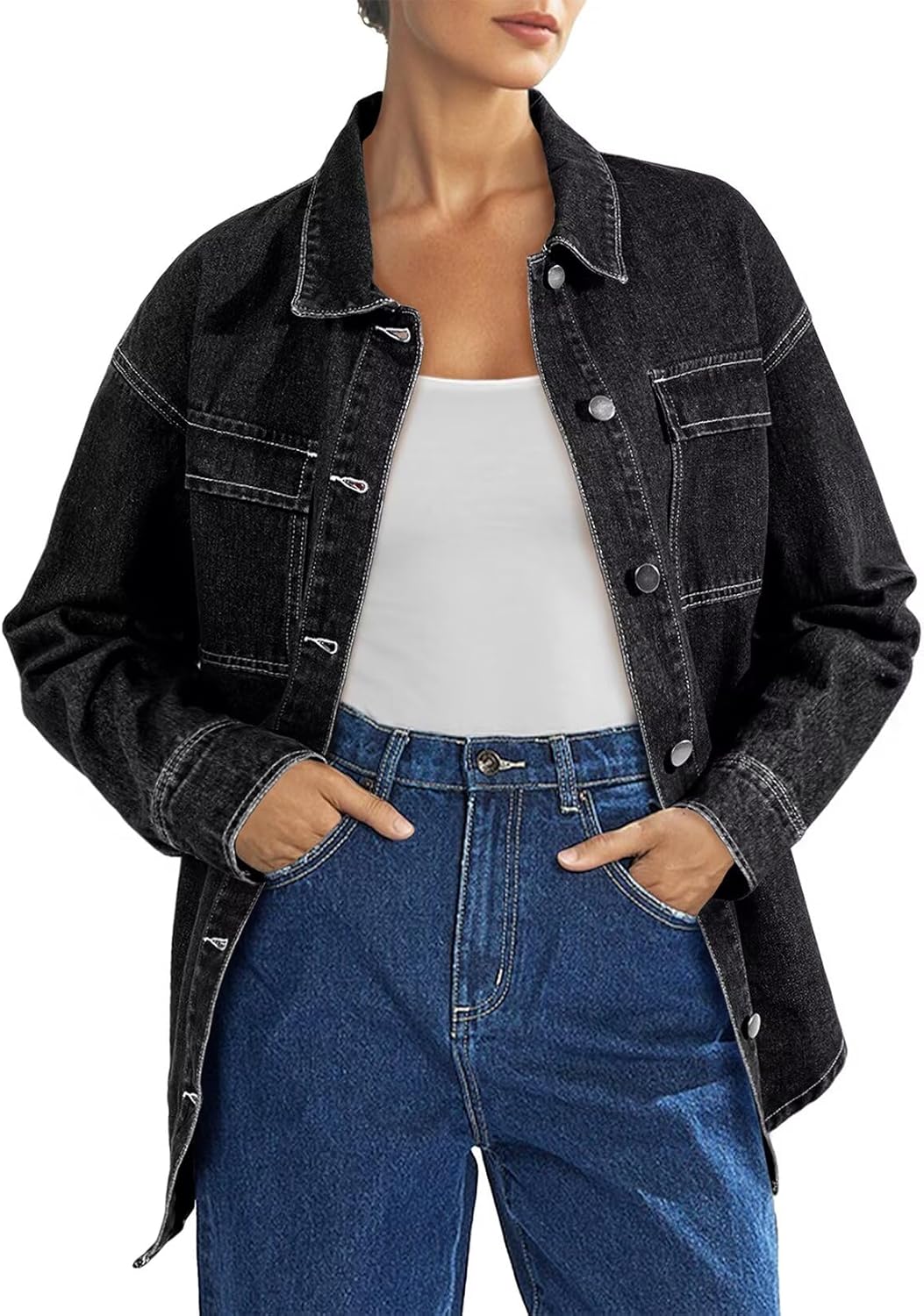Astylish Women's Oversized Denim Button Down Shirt Chambray Beach Long Sleeve Dressy Casual Fashion Fall Outfit - Image 5