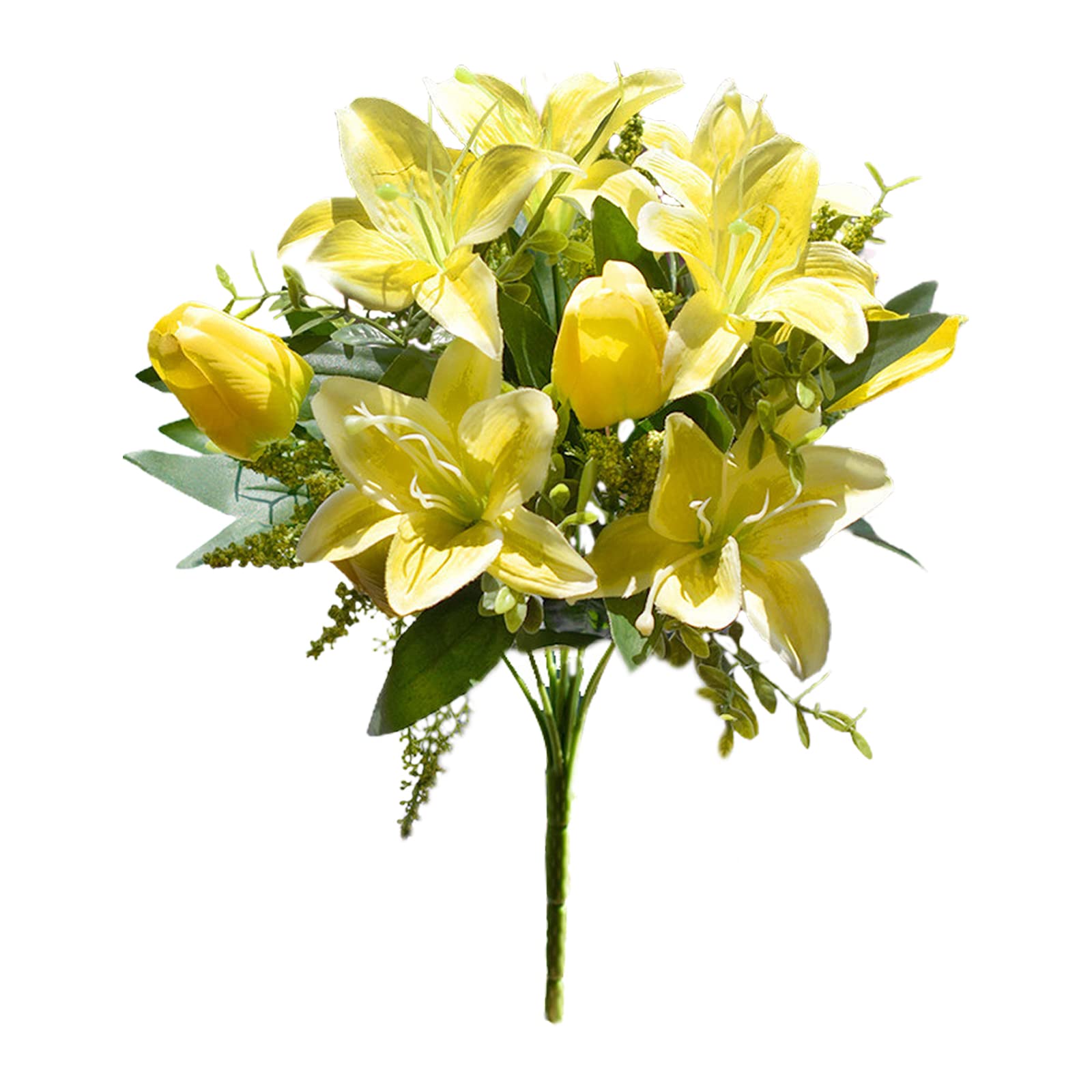 Resoye Yellow Artificial Tulip Lily Cemetery Flowers, 2 Pack 15.4 Inch Silks Tulips Grave Decorations Mix Tulip Lily Bouquet For Outdoor Grave
