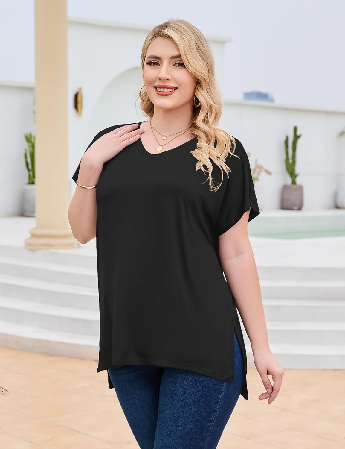 Florboom Women Plus Size Tops Long/Short Sleeve V Neck T Shirts Casual Loose Fit Basic Tee Tshirt - Image 3