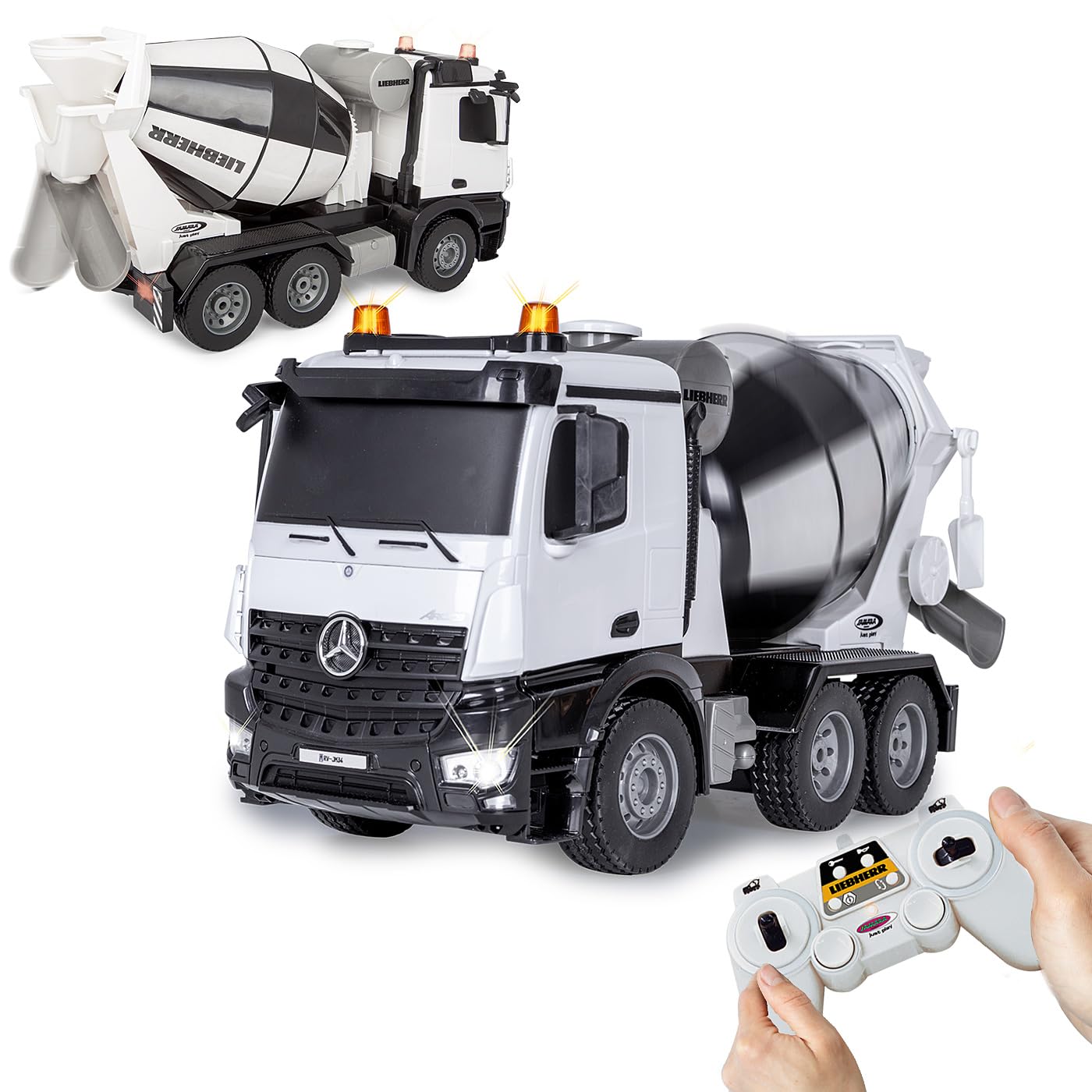 JAMARA Frullatore Mercedes Benz Arocs Liebherr 1:20 2,4 GHz – licenza ufficiale, allarme retromarcia, 4 ruote motrici, pneumatici profilati, luce LED, tamburo di miscelazione girevole con funzione di