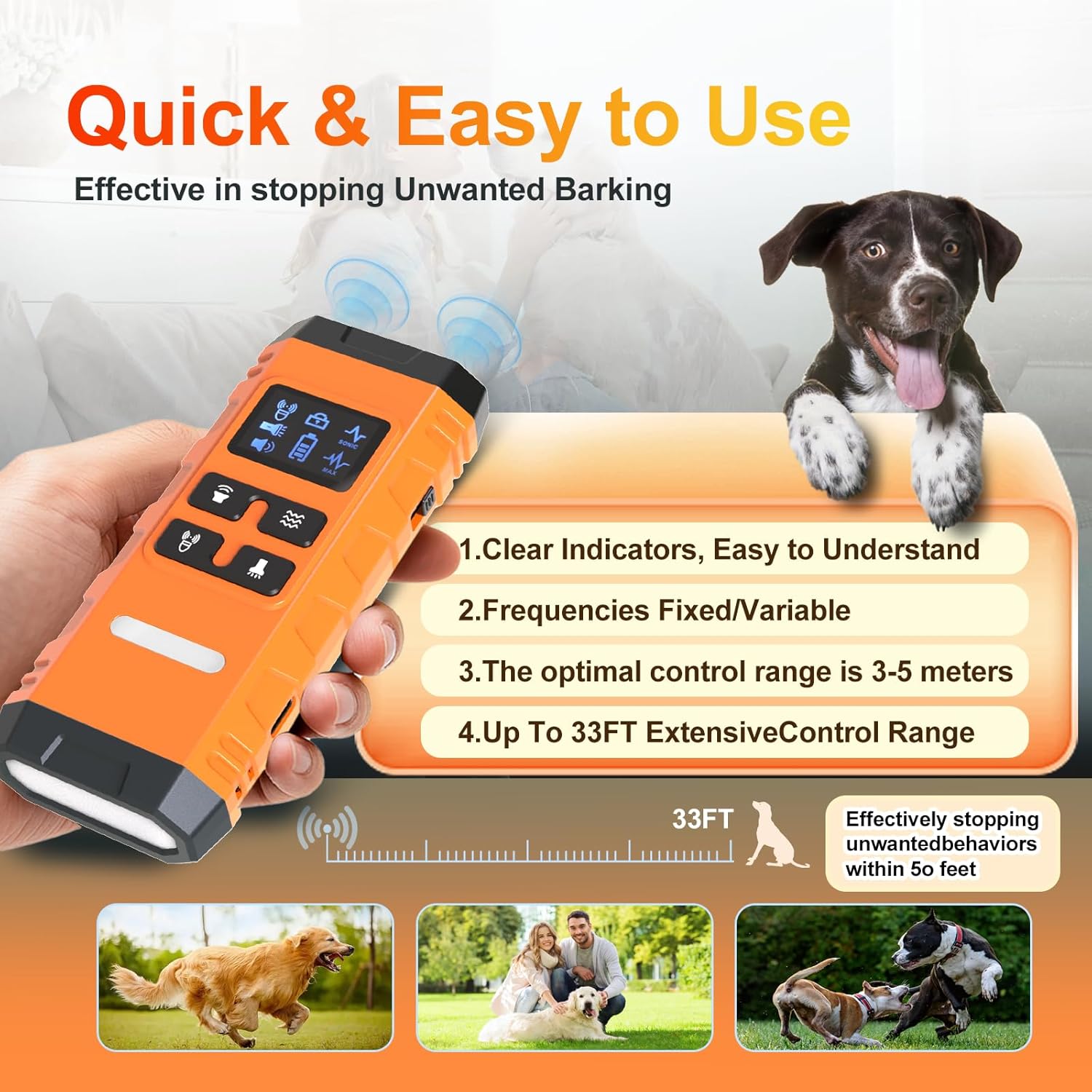 Dog Bark Deterrent Device,Anti Barking Device for Dogs, Ultrasound Dog Bark Deterrent,Best Anti-Barking Device, 4 Modes & LED Light & LCD Screen Portable Indoor & Outdoor(Orange)