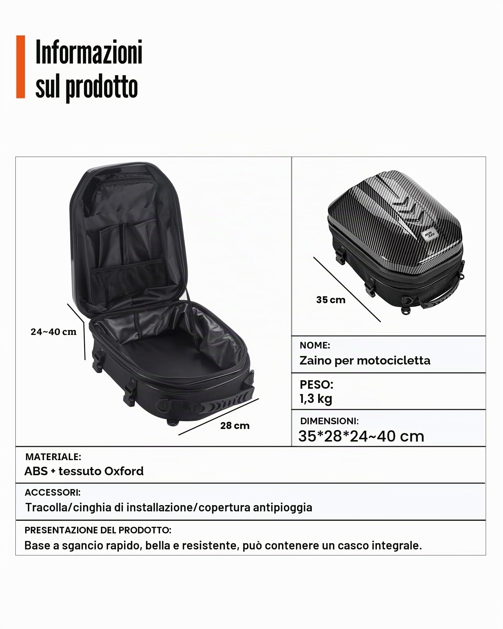 Grapelet borsa posteriore impermeabile per moto Custodia rigida ABS casco Spazio espandibile 24L-35L