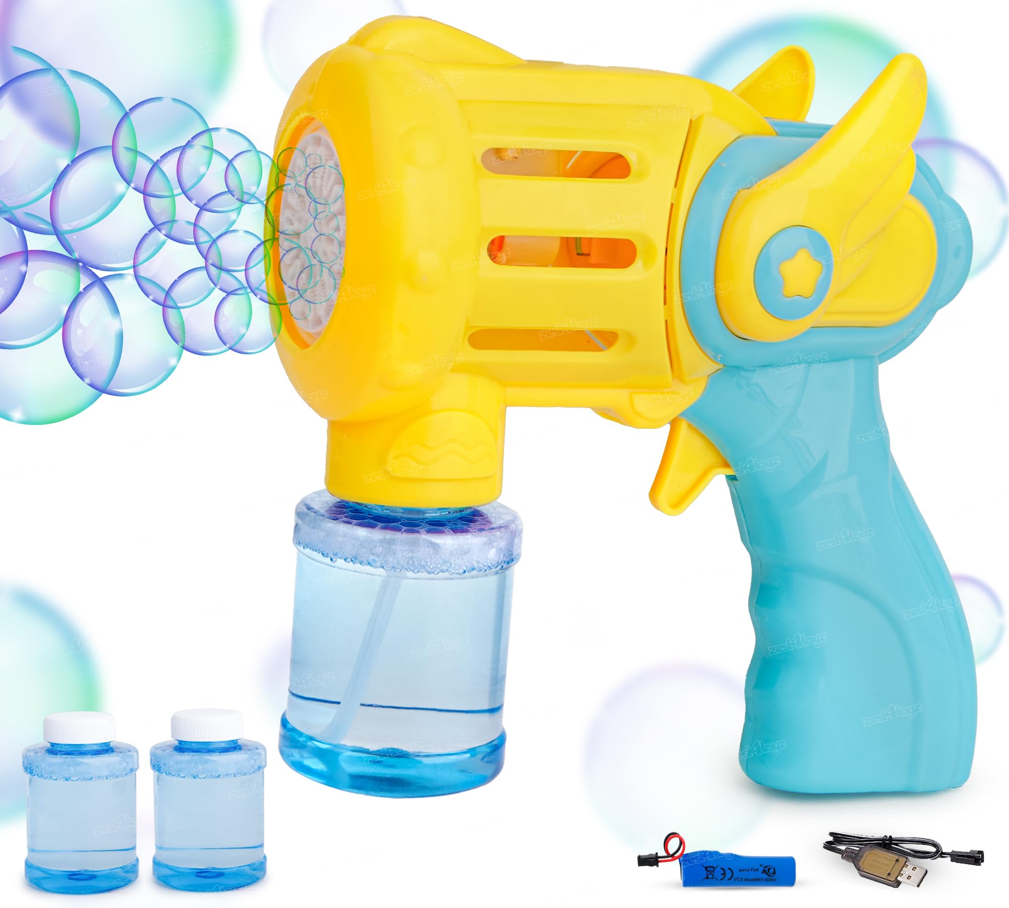 Zest 4 Toyz Bubble Gun for Kids 15 Hole Electric Bubble Machine with Bright Light 2 Bubble Bottles and Rechargeable Battery Leak Proof Indoor Outdoor Fun Toy – Multicolor