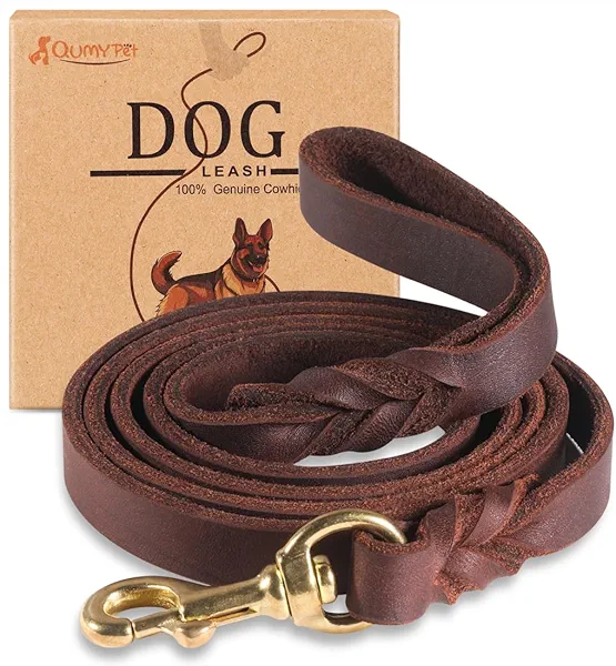 QUMY Leather Dog Leash 4ft, Heavy Duty Dog Training Leashs for Large, Medium and Small Dogs, Soft and Strong Genuine Leather Braided Handmade Long Lead Leash for Dog Training, Brown