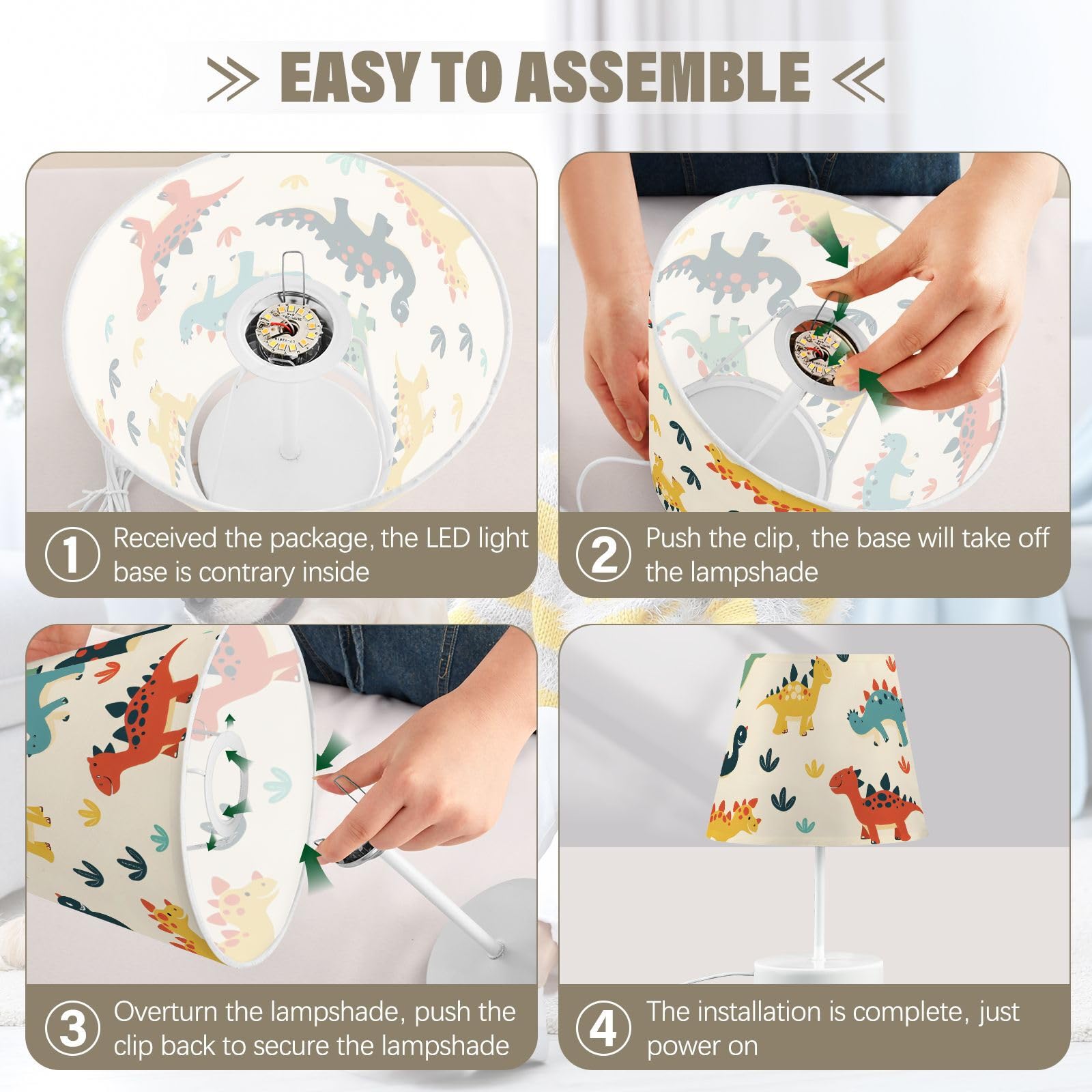 Mnsruu Lámpara de mesita de noche con dibujos animados de dinosaurio, lámpara de mesa infantil, bombillas LED, lámpara de escritorio, pantallas de tela para dormitorio, sala de estar, mediana