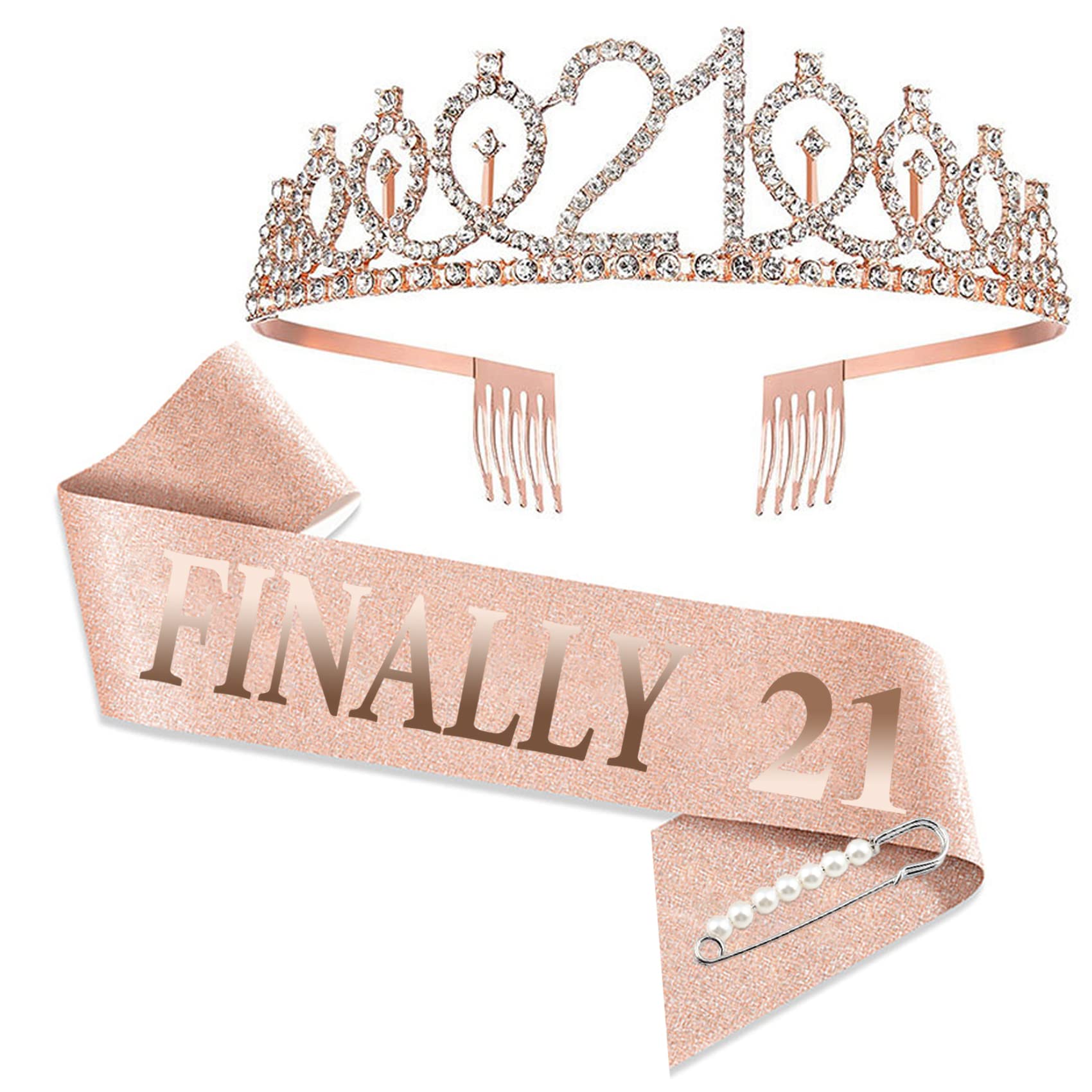 Photo 1 of 21st Birthday Tiaras and Crowns for Women Girls, Birthday Decorations Rose Gold Sash Crystal Tiara Party Supplies Finally 21