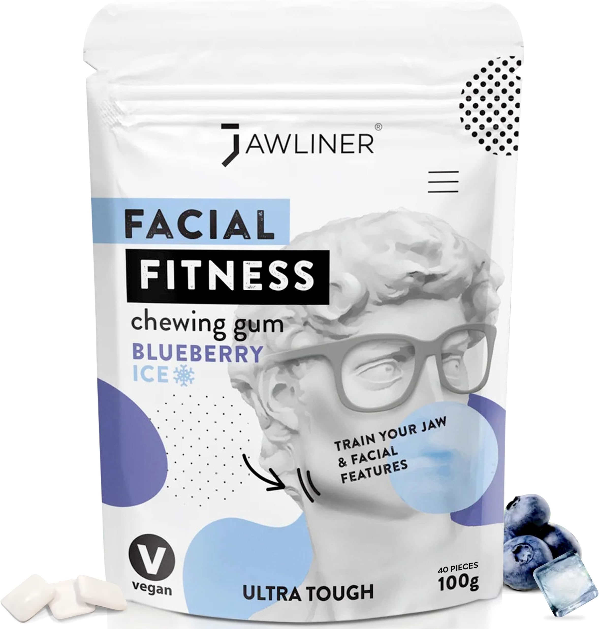 JAWLINER フィットネス チューインガム 顎のラインガム - シュガーフリーガム - ダブルアゴリデューサー - 顎のミュウイングとシェイプアップのための顎ラインエクササイザー (ブルーベリーアイス、2ヶ月(100g)