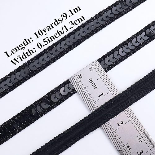 Miniatura 2 de ZNZAKKA Cinta de lentejuelas negras con purpurina plana para coser, 10 yardas