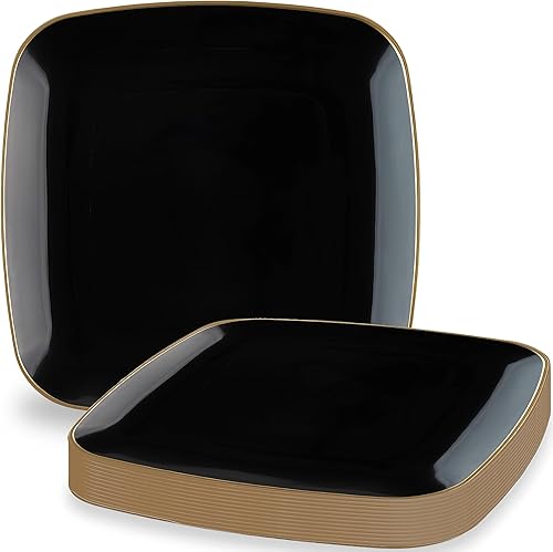 Blue Sky Platos desechables negros orgánicos de 6 pulgadas cuadrados (10 unidades) | Vajilla de plástico con borde dorado para fiestas