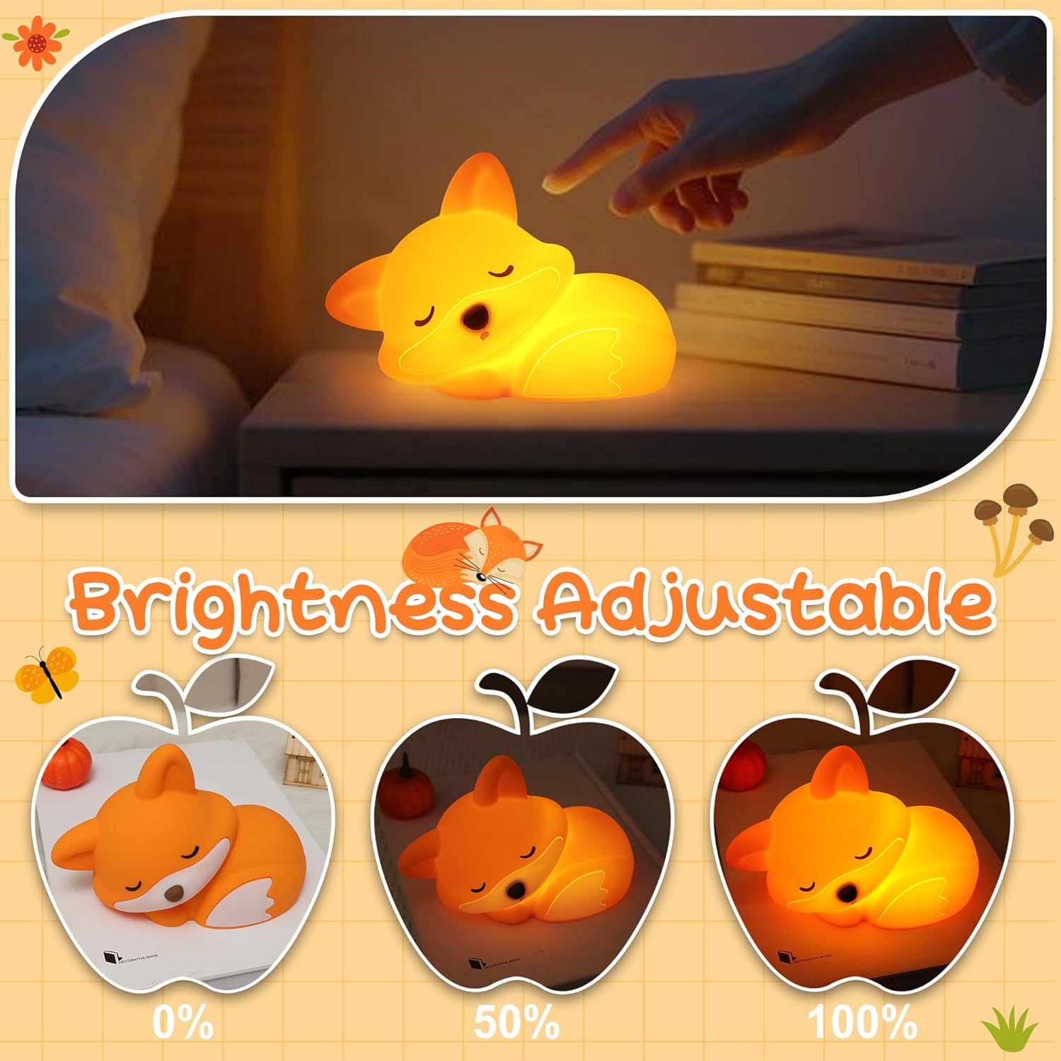 Fox Night Light for Kids, Cute Silicone Lamp with Dimmable 20 Mins Timer, Squishy Animal Nightlight Kids Bedside Decoration Light, Christmas White Elephant Gifts Idea for Baby Girl Boy Friend