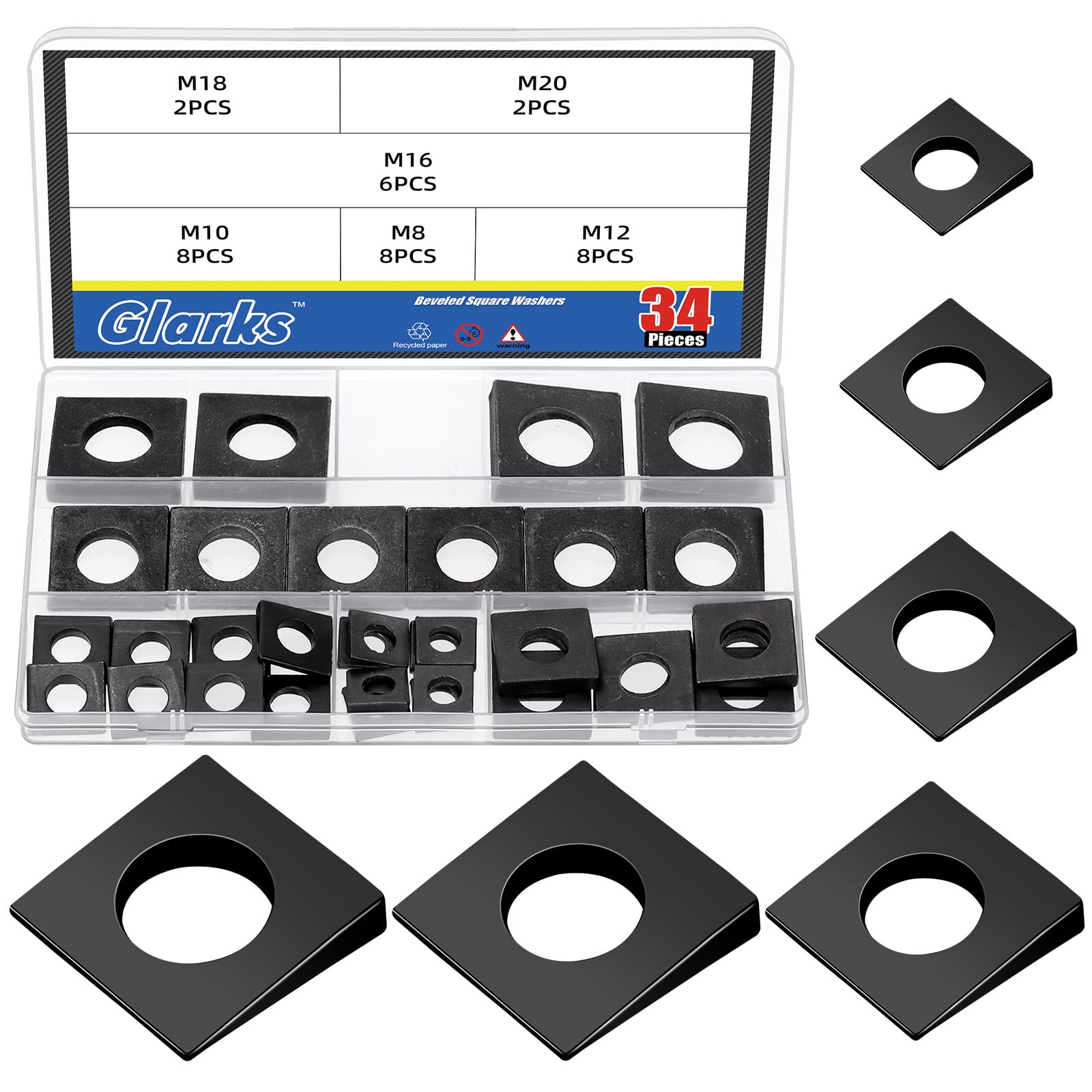 Glarks 34pcs M8/M10/M12/M16/M18/M20 Square Beveled Washers Kit, Black Carbon Steel Wedge Washer, Heavy Duty Leveling Washer for Shim Leveling/I-Beams/Slot Section