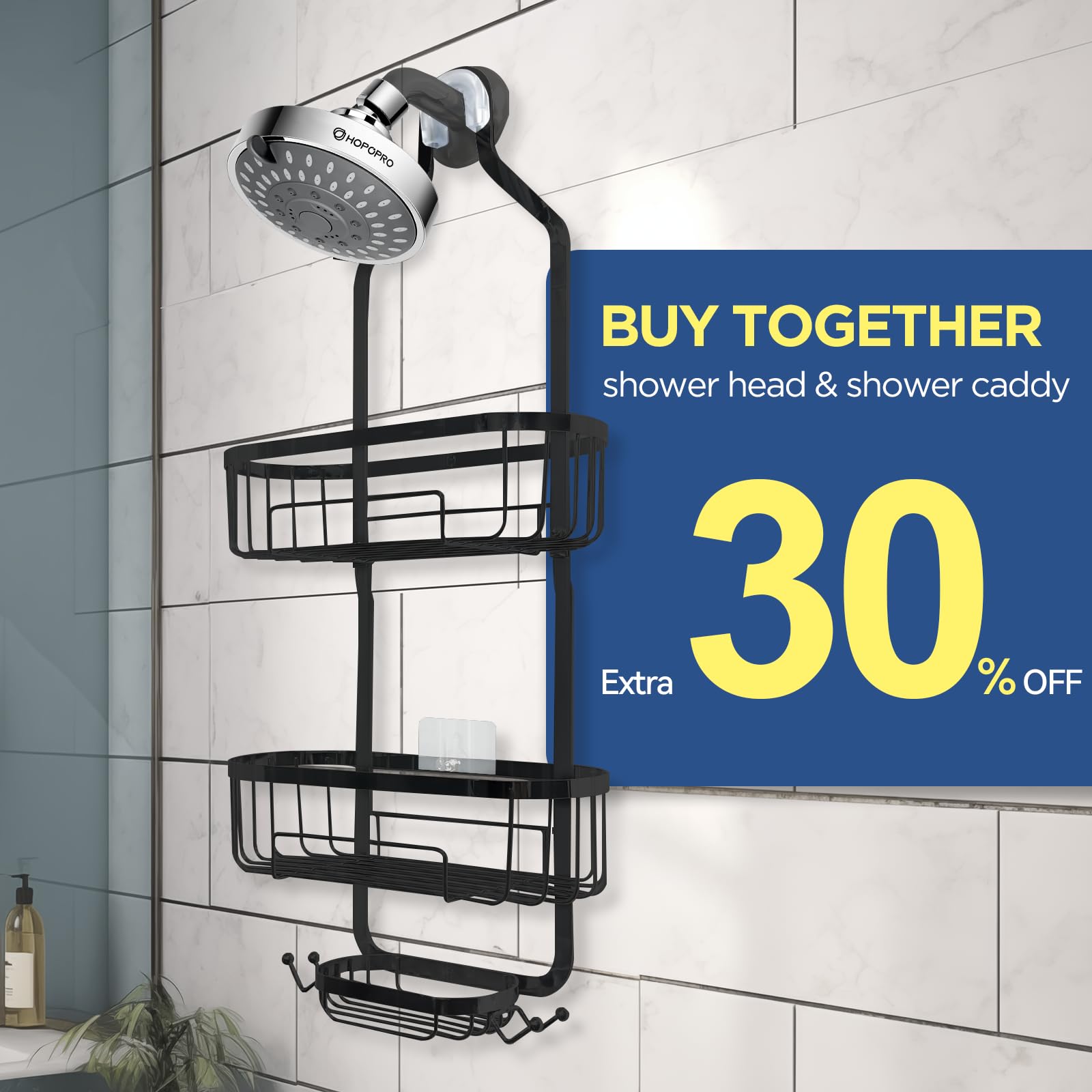 HOPOPRO 5-Mode High Pressure Shower Head Combo Hanging Shower Organizer Over Head Shower Caddy