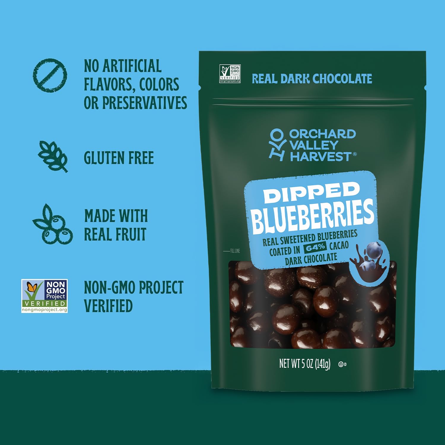 Orchard Valley Harvest Dark Chocolate Dipped Blueberries 5 oz (Pack of 1), Made With Real Sweetened Blueberries, Gluten Free, Non-GMO, Stand Up Bag, On-The-Go Snack For The Whole Family