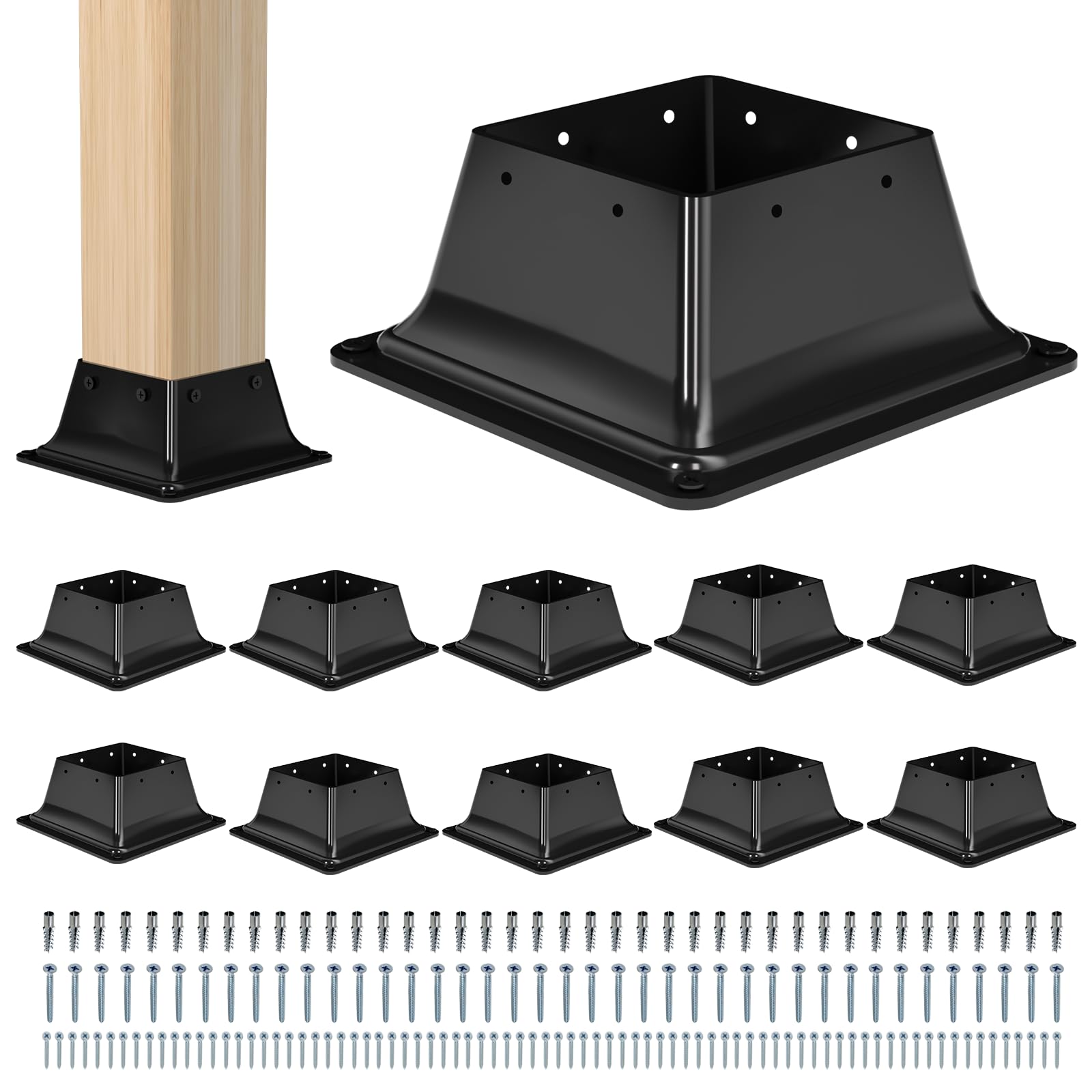 Base de poste de 4 x 4, 10 unidades, tamaño interior de 3.5 x 3.5, soportes de poste de metal resistente, anclajes de poste de cubierta, soporte de poste de madera con recubrimiento en polvo para