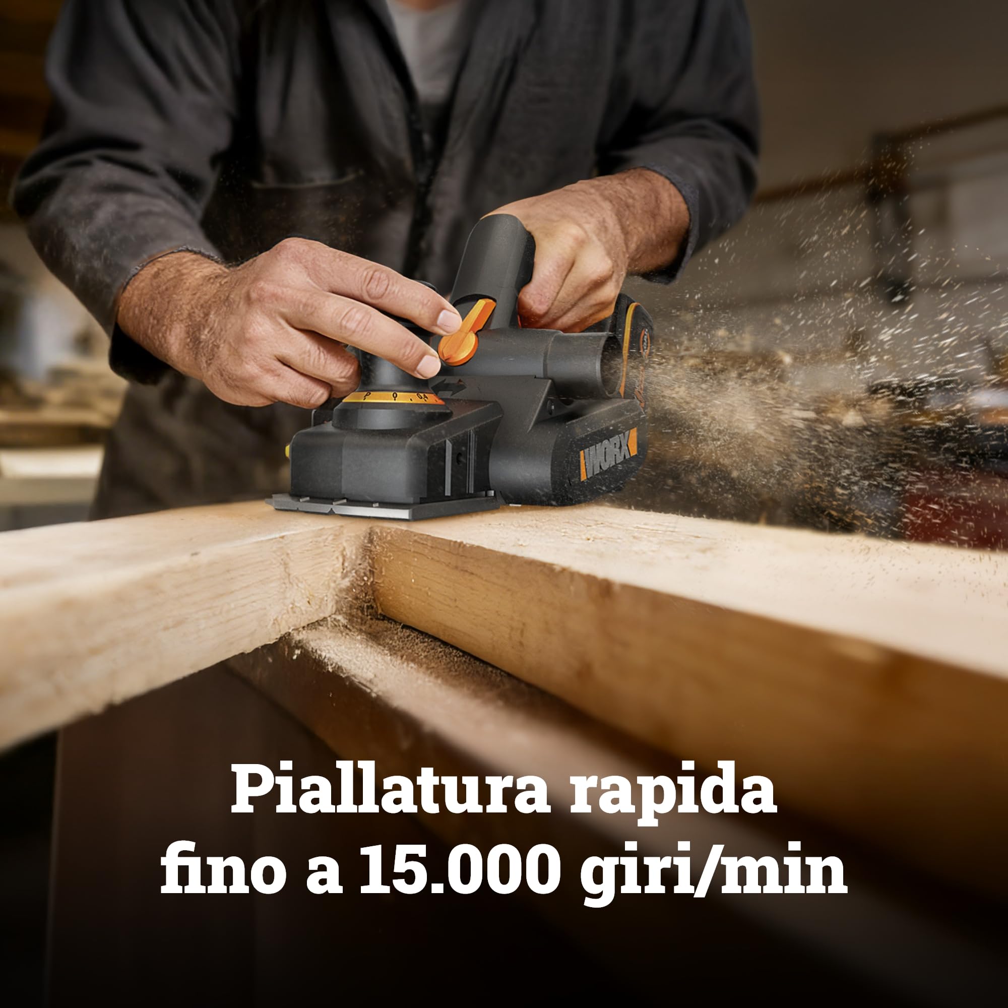 WORX WX620.9 Pialla a batteria 20 V, larghezza di piallatura 82 mm, motore brushless, profondità di taglio 0-2 mm, battuta 0-8 mm, scanalatura a V senza batteria e caricabatterie