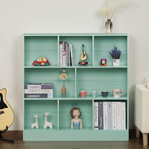 Miniatura 250 de LEYAOYAO Estantería de 10 cubos, estantería ancha moderna de 3 niveles con patas, estantería de madera de mediados de siglo, estuche grande rosa,