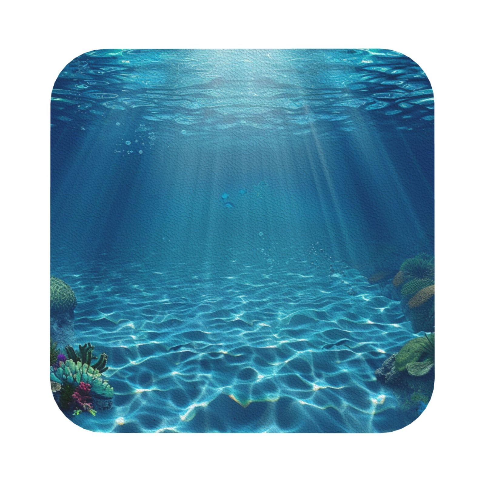 Tranquil Underwater Scenery Print Leather Coaster Set of 6, Square Coasters Table Decorative Coffee Cup Beverage Coasters Wine Beer Bar Coasters for Hot Drinks Table Protection