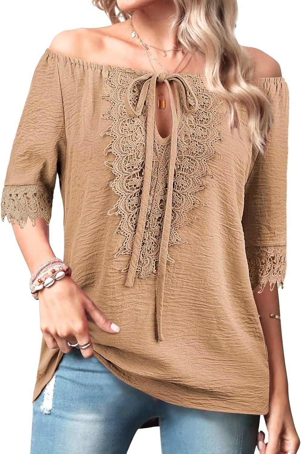 Womens Summer Tops Sexy Boho Off The Shoulder Shirts Crochet Lace Half Sleeve Blouses Flowy Crewneck Tie Front Tunic - Image 6