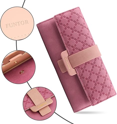 Miniatura 2 de FT Funtor Carteras RFID para mujer billetera triple con bolsillo con cremallera para monedas cuero vegano monedas bolsillo con cremallera y ventana