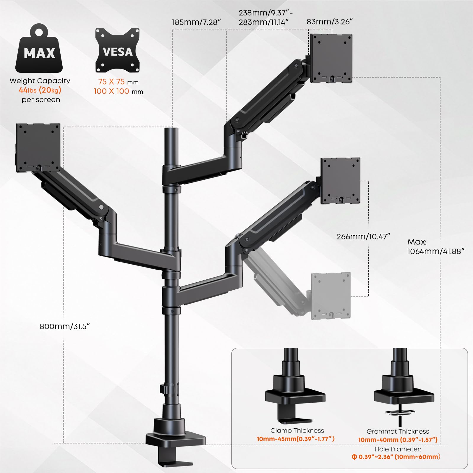 PUTORSEN Supporto per 3 monitor da 17 a 49 pollici, supporto regolabile in altezza con portata di 20 kg per braccio, asta da 80 cm per schermi piatti o curvi, VESA 75/100 mm