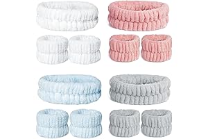 12 Pieces Spa Headband and Wrist Washband Set in Pink, White, Blue, and Grey