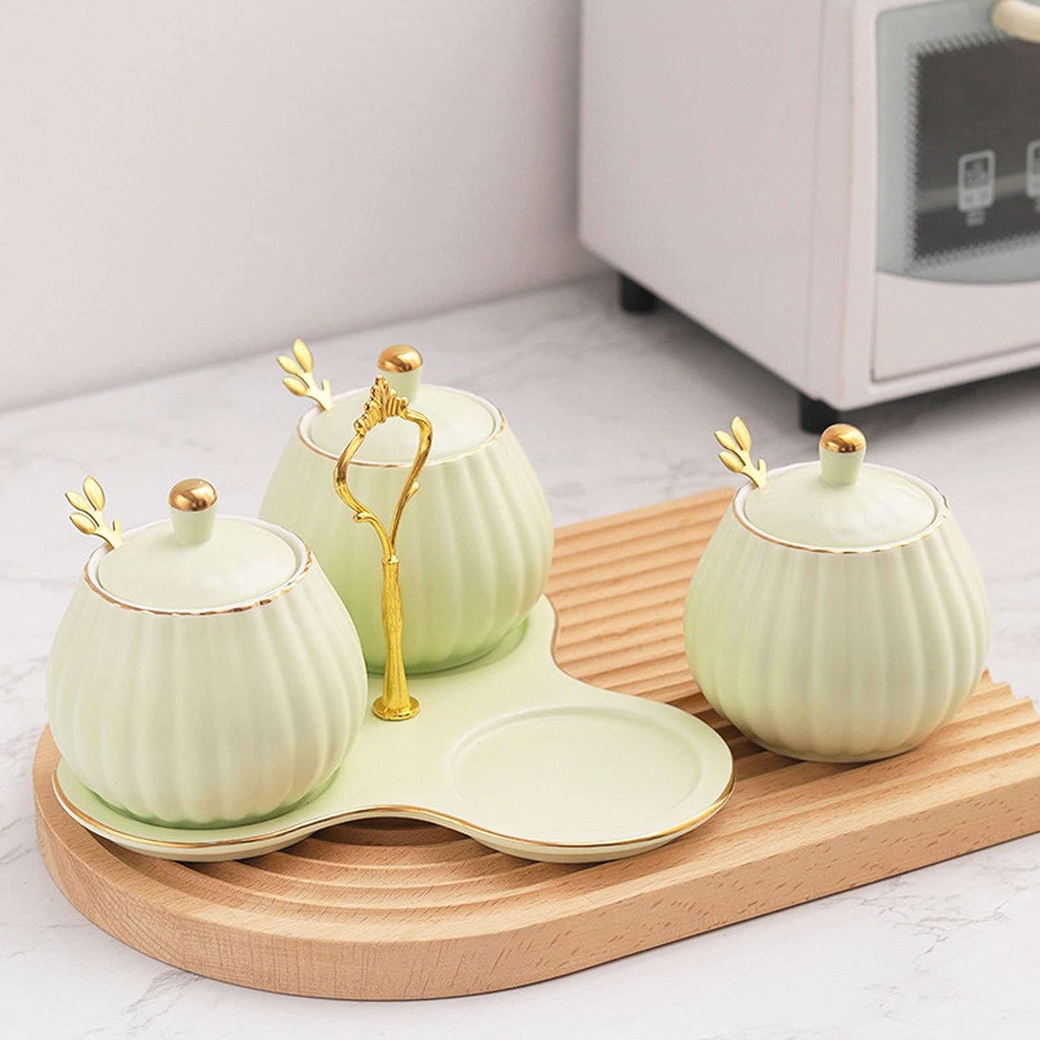 SAeWare Tarro de condimentos, contenedor de especias de cerámica, juego de condimentos con tapa de cuchara y bandeja, botes de almacenamiento de especias para azúcar, sal y encimera de cocina, verde