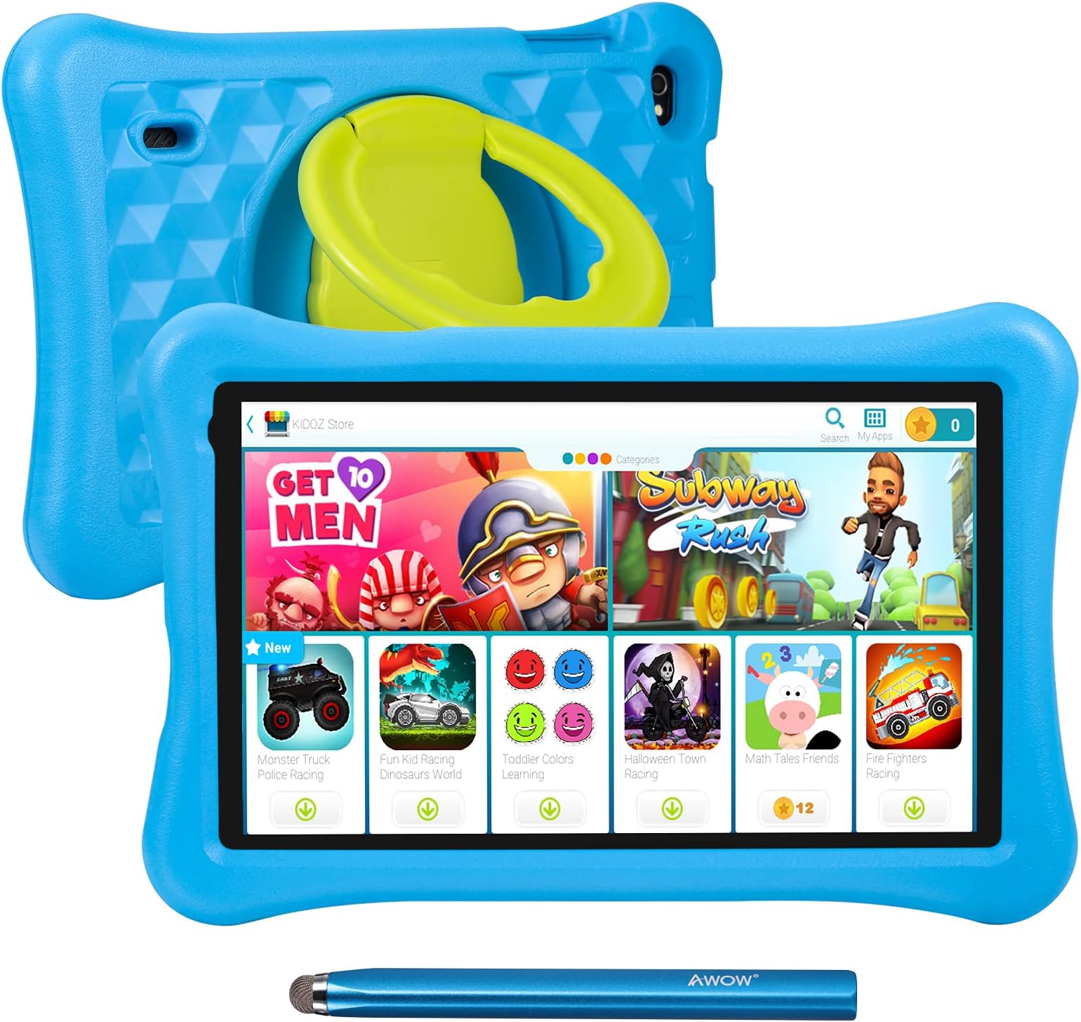 AWOW 10.1 inch Kids Tablet with KIDOZ, Android 13, Quad Core, 12GB+128GB, Kids-Proof Case, Stylus Pen, Parental Controls, Dual Cameras - Blue
