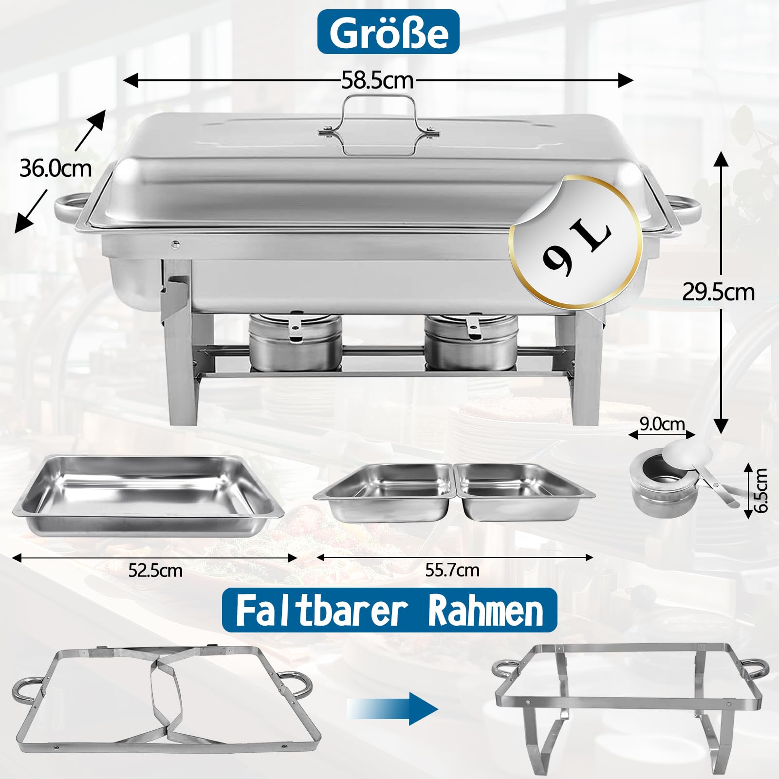 Chafing Dish Edelstahl Buffet-Set Warmhaltebehälter Speisenwärmer Wärmebehälter Rechaud für Catering, Buffet und Party (4 Set 1x2 GN-Behälter)
