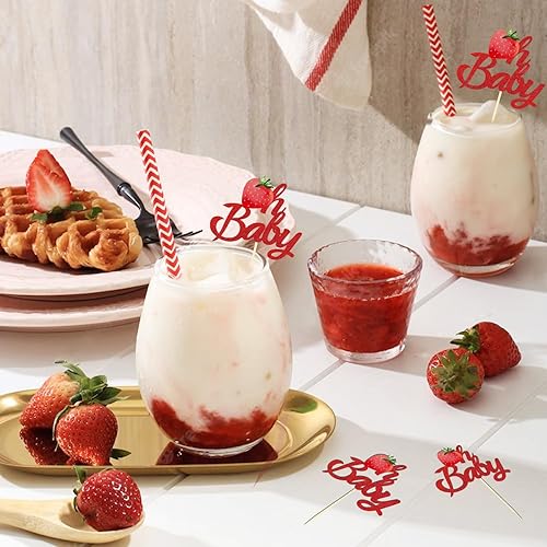 Miniatura 9 de 24 piezas de decoración para cupcakes de fresa con purpurina y bayas dulces para temática de bayas y fresas para niños, cumpleaños, fiesta de