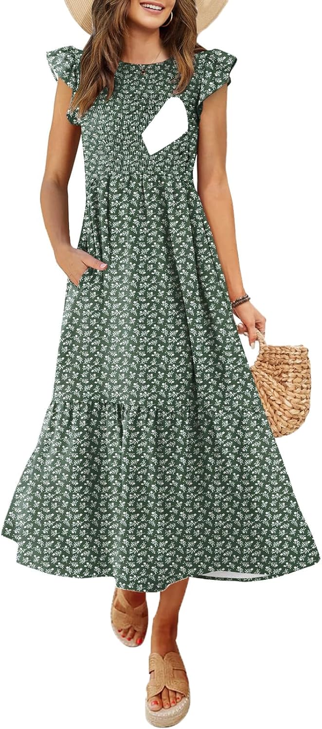 CzzzyL Women's Nursing Dress Flutter Short Sleeve Crew Neck Smocked Elastic Waist Tiered Midi with Pockets