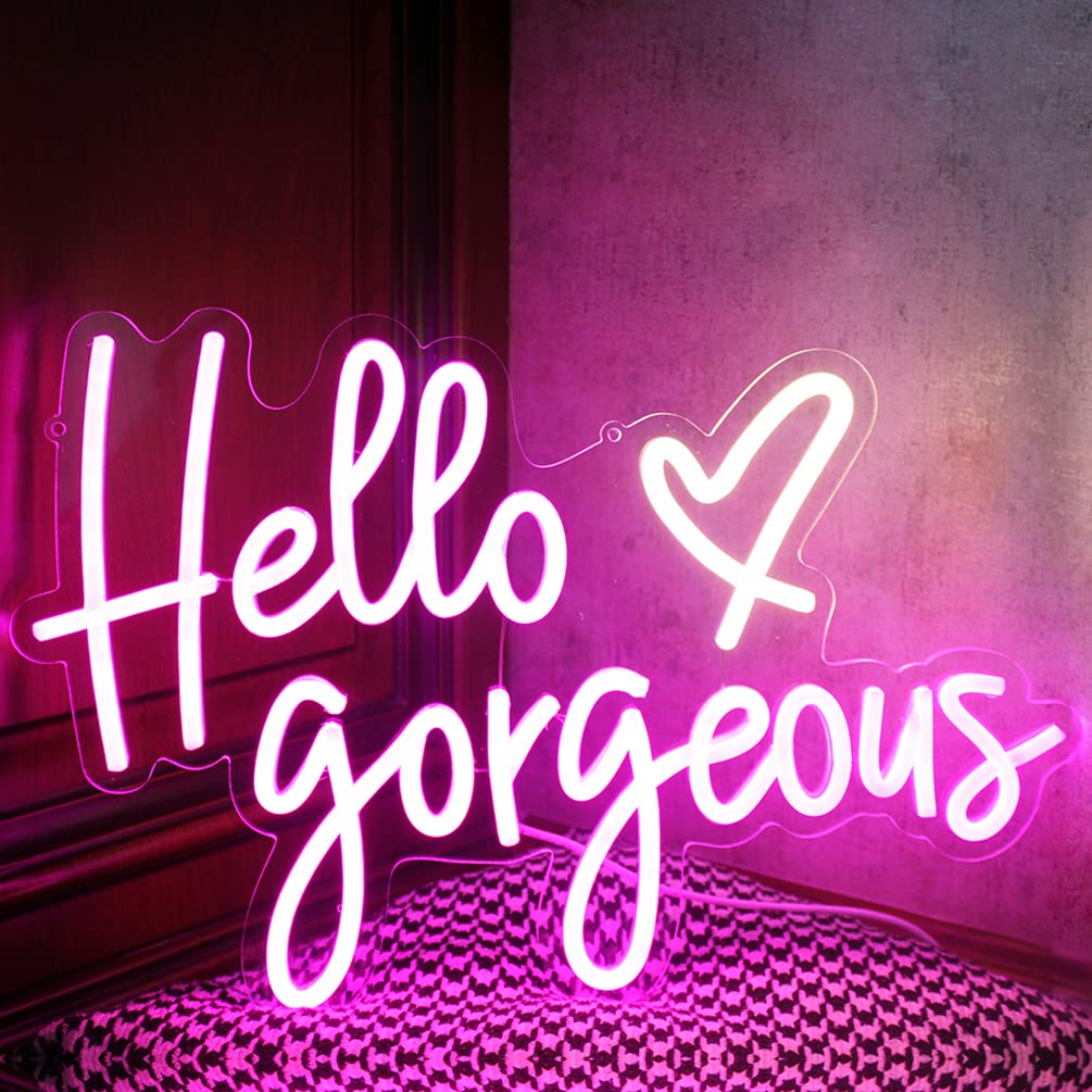 DAKABUKA Hello Gorgeous Neon Signs Pink LED Light Hello Beautiful Wall Art Gift for Home Decoration Wedding Birthday Backdrop Bacelorette Party Wth Dimmable Switch(5V,16.5X11inches)