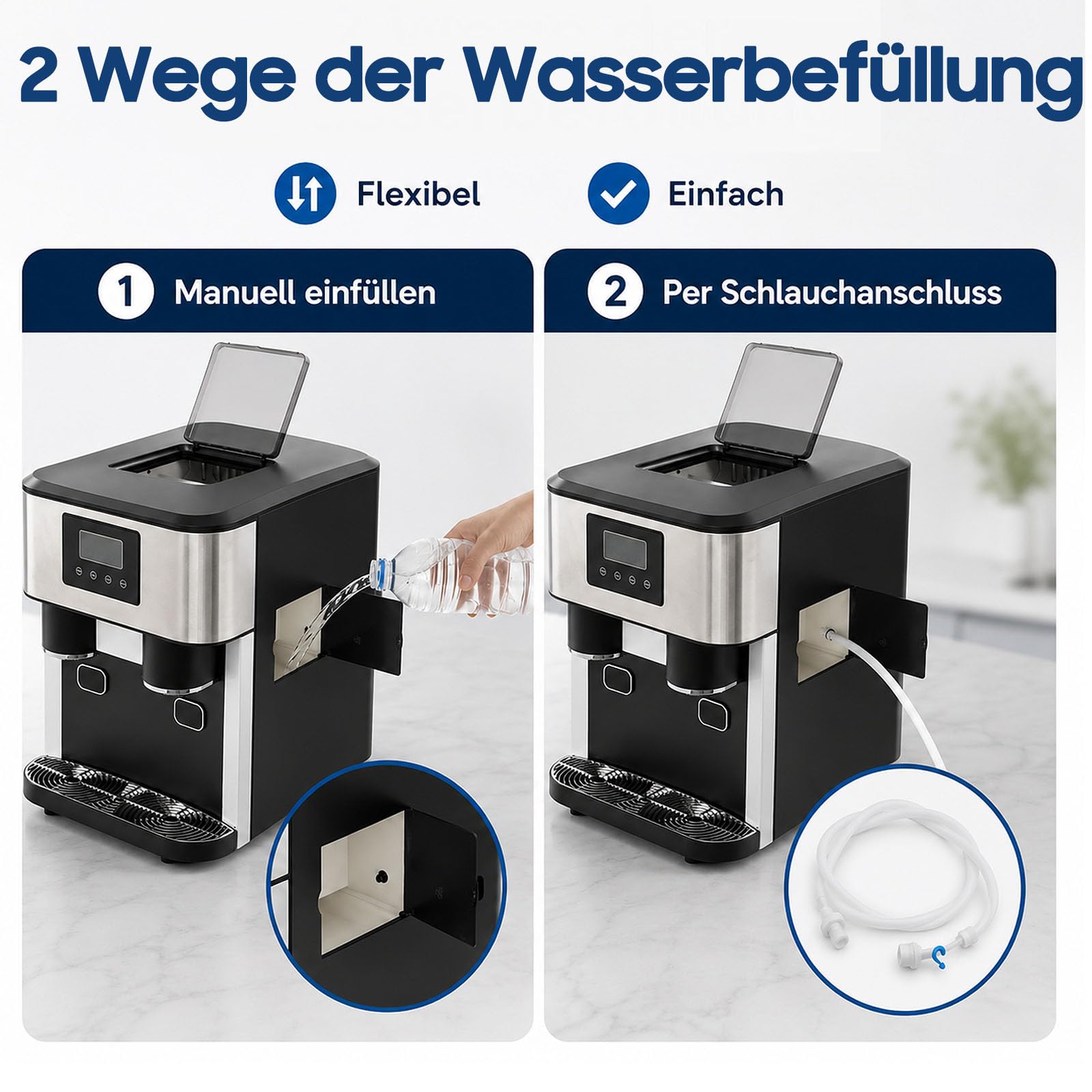 Máquina de hielo 3 en 1: máquina de hielo picada para hielo picado y cubitos de hielo, 10-15 kg de hielo al día en 8-12 minutos, 16 cubitos de hielo con control táctil LCD intuitivo, portátil y