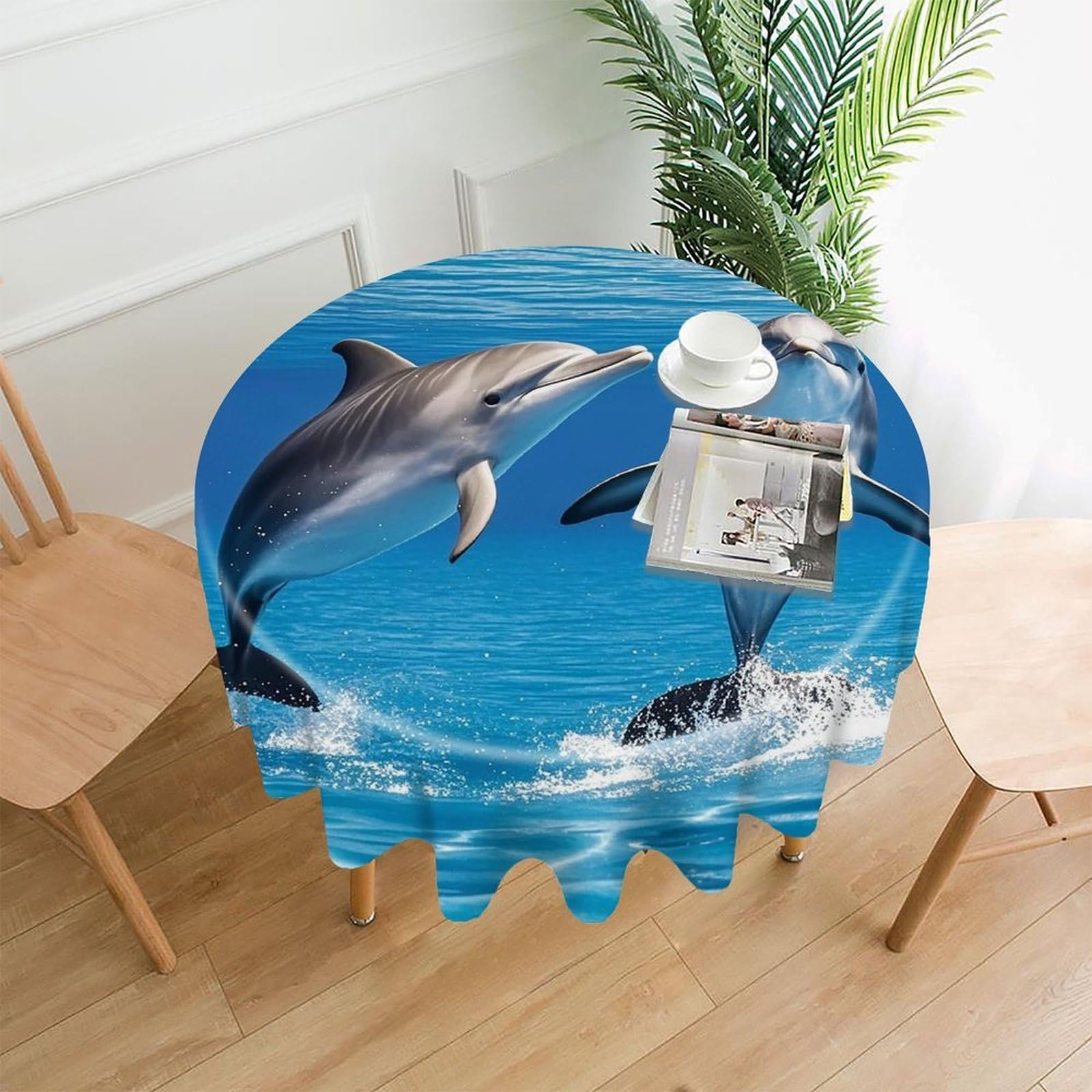 FekiLoot Two Dolphins Tablecloth Decorative Round Table Cloth Wrinkle Resistant Washable Circle Table Cover Round Tablecloth for Picnic Party Camping Dining 60 Inch