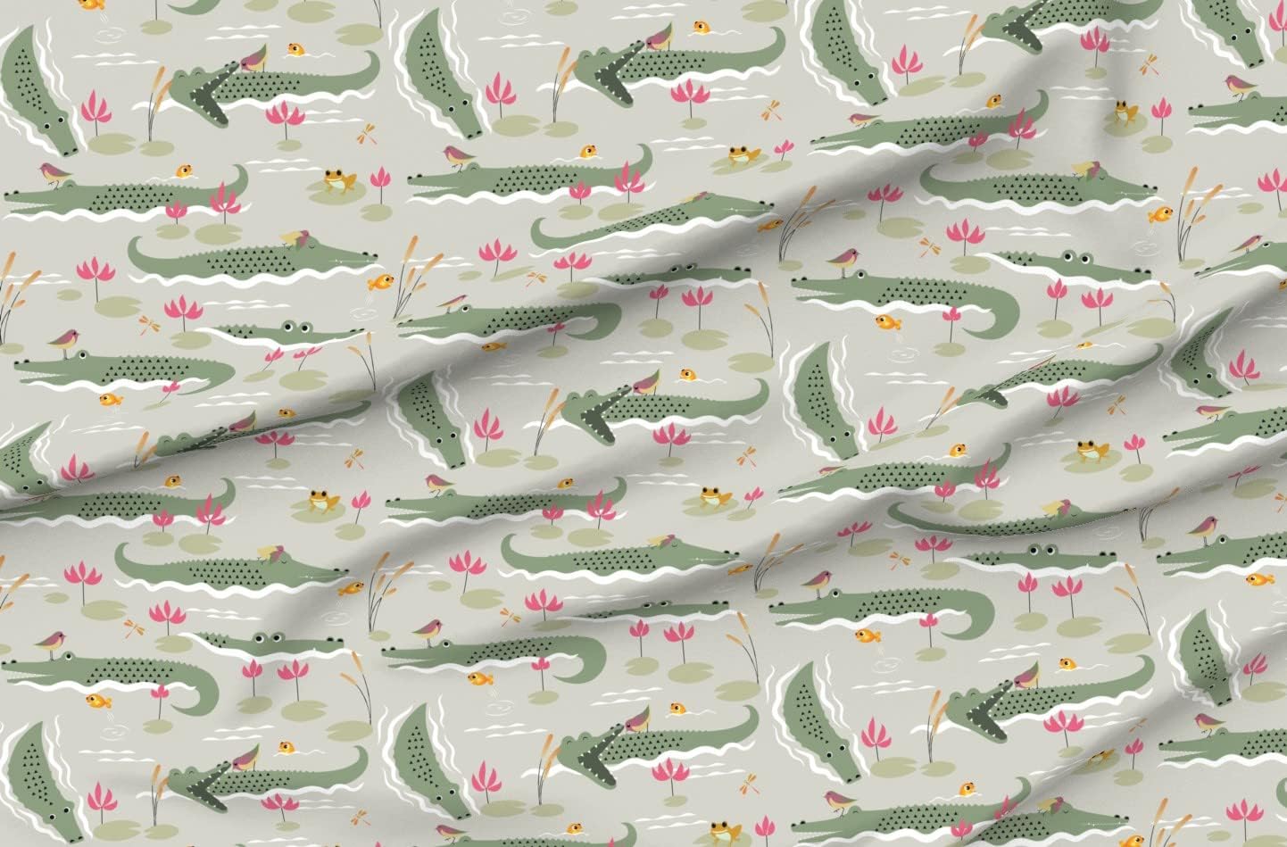 Spoonflower Fabric - Green Cute Nature Birds Fish Water Animals Alligators Crocodile Printed on Petal Signature Cotton Fabric Fat Quarter - Sewing Quilting Apparel Crafts Decor