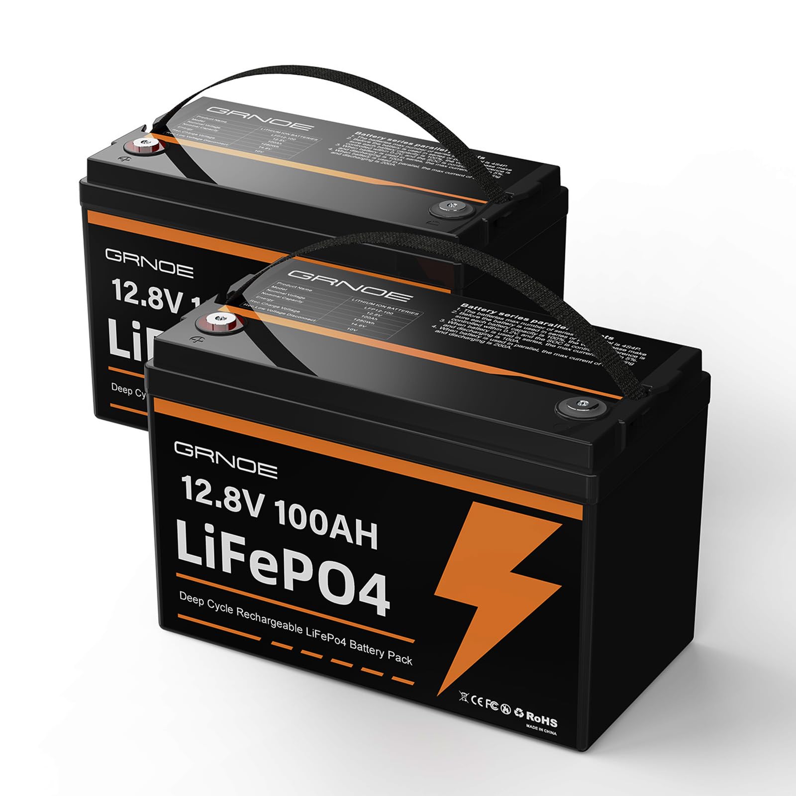 GRNOE 2-Pack 12V 100Ah LiFePO4 Battery