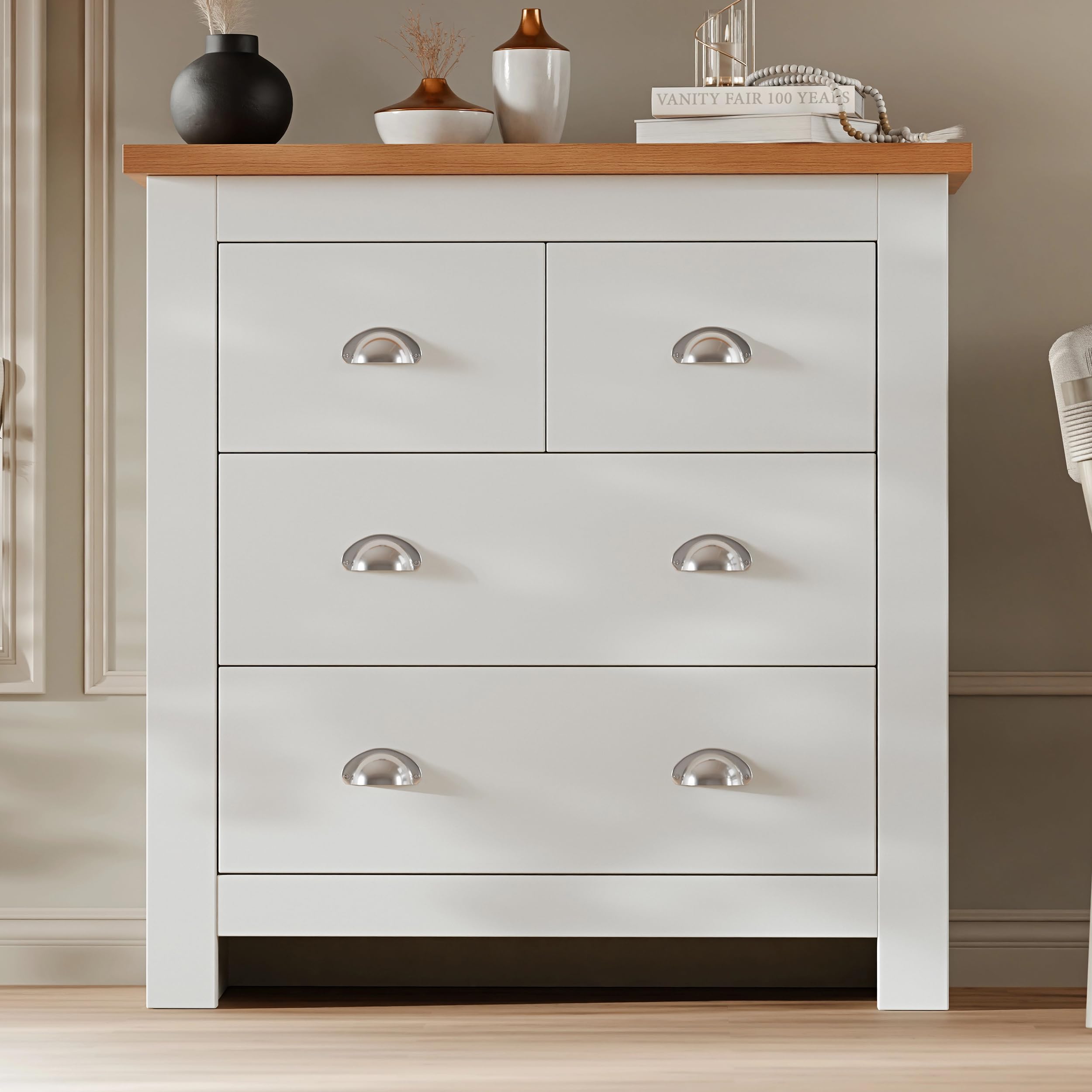 Blisswood Wooden Chest of Drawers, 2+2 Drawer Slim Storage Unit Cabinet with Oak Top for Bedroom Furniture, Chest for Living Room, Lounge, Hallway Office Furniture, White/Oak 38D x 75W x 81H CM