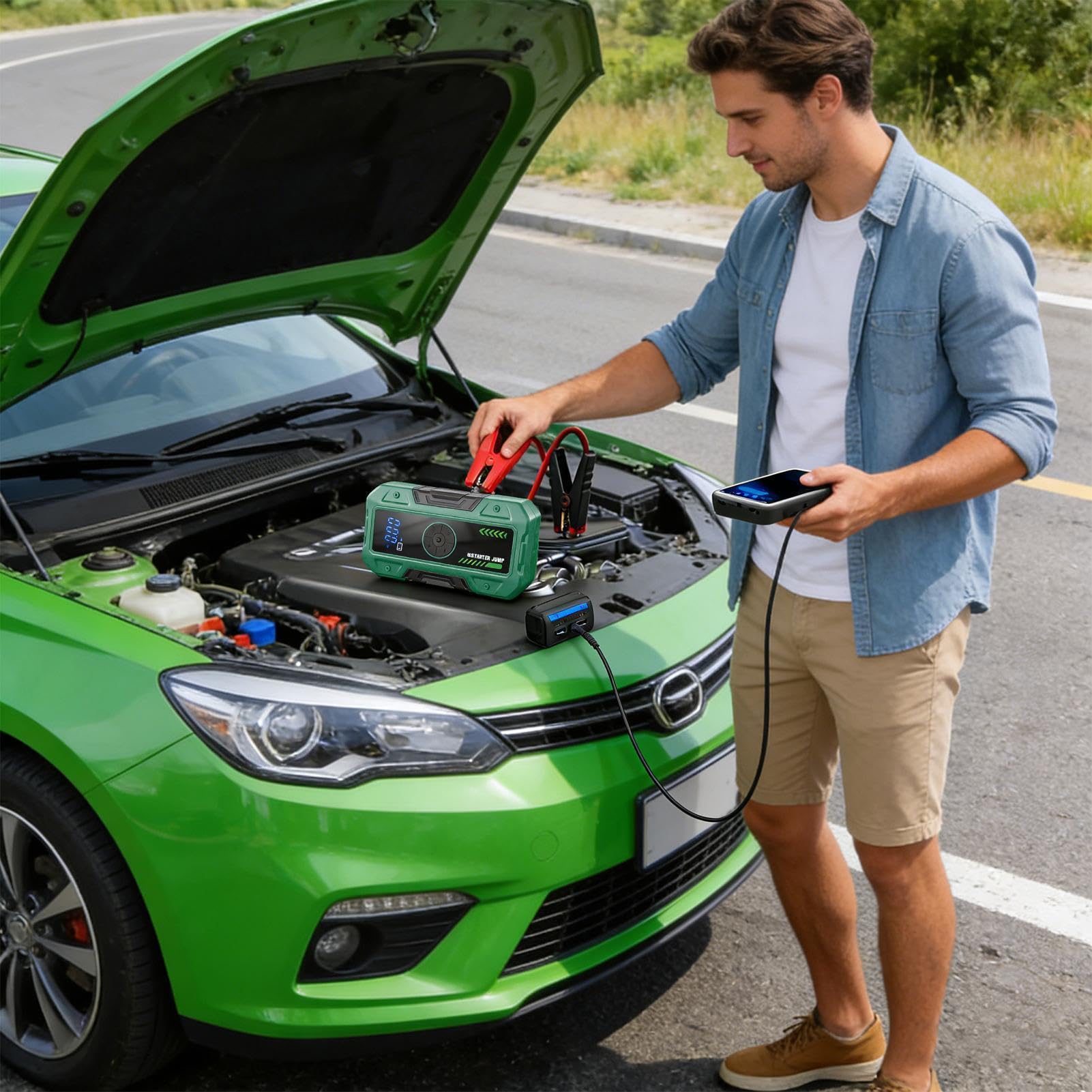 Générique Starthilfe für Autobatterie | mit wiederaufladbarem Licht – Starter mit Luftkompressor | für Auto, Motorrad, Reifenfüllung, Reisen, Camping, Angeln, Survival