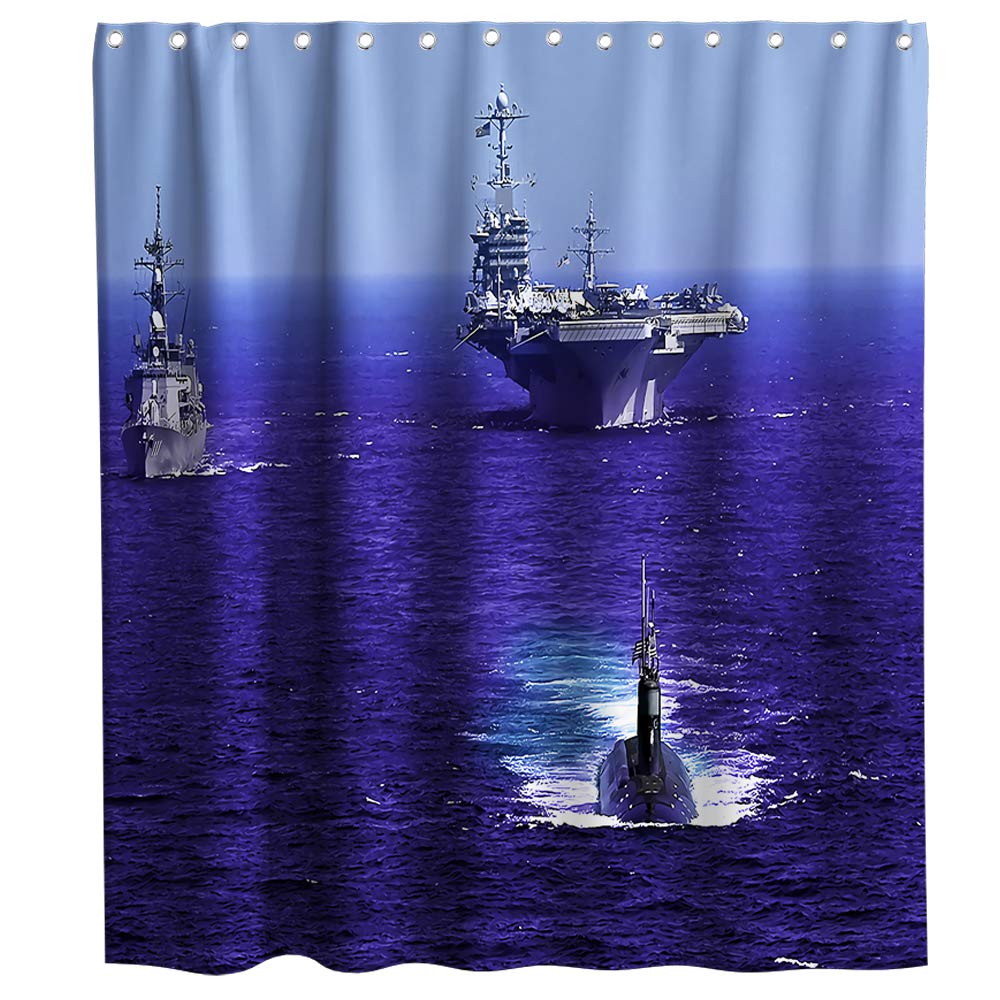 American Military Carrier Ships Aircraft Theme Cloth Fabric Shower Curtain Sets Bathroom Decor with Hooks Waterproof Washable Navy Blue Grey 72Wx72H