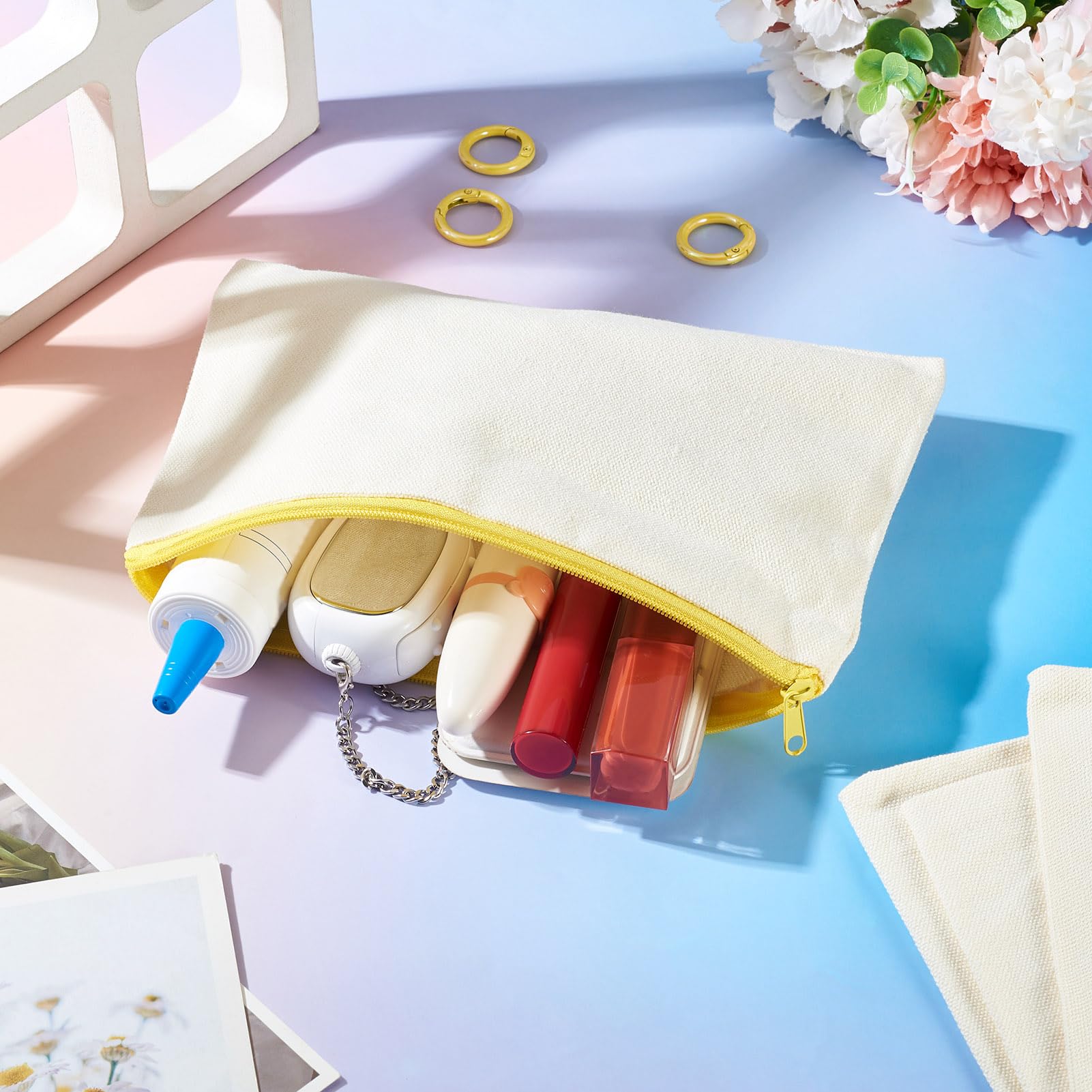 Bestewelry 6 pcs Canvas Bags for Craft Toiletry Bags Blank Canvas Makeup Bags Pencil Cases with Rings for Students School Storage Women Travel Makeup Organizer, Yellow - Image 2