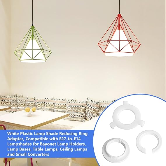 E27 to E14 Lampshade Reducer Ring, 8 Pack Plastic Socket Adapter. | 8-pack E27 to E14 reducer rings. Converts large sockets for small shades. Durable white plastic. Fits standard E14 fixtures.