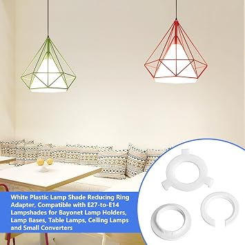 E27 to E14 Lampshade Reducer Ring, 8 Pack Plastic Socket Adapter. | 8-pack E27 to E14 reducer rings. Converts large sockets for small shades. Durable white plastic. Fits standard E14 fixtures.