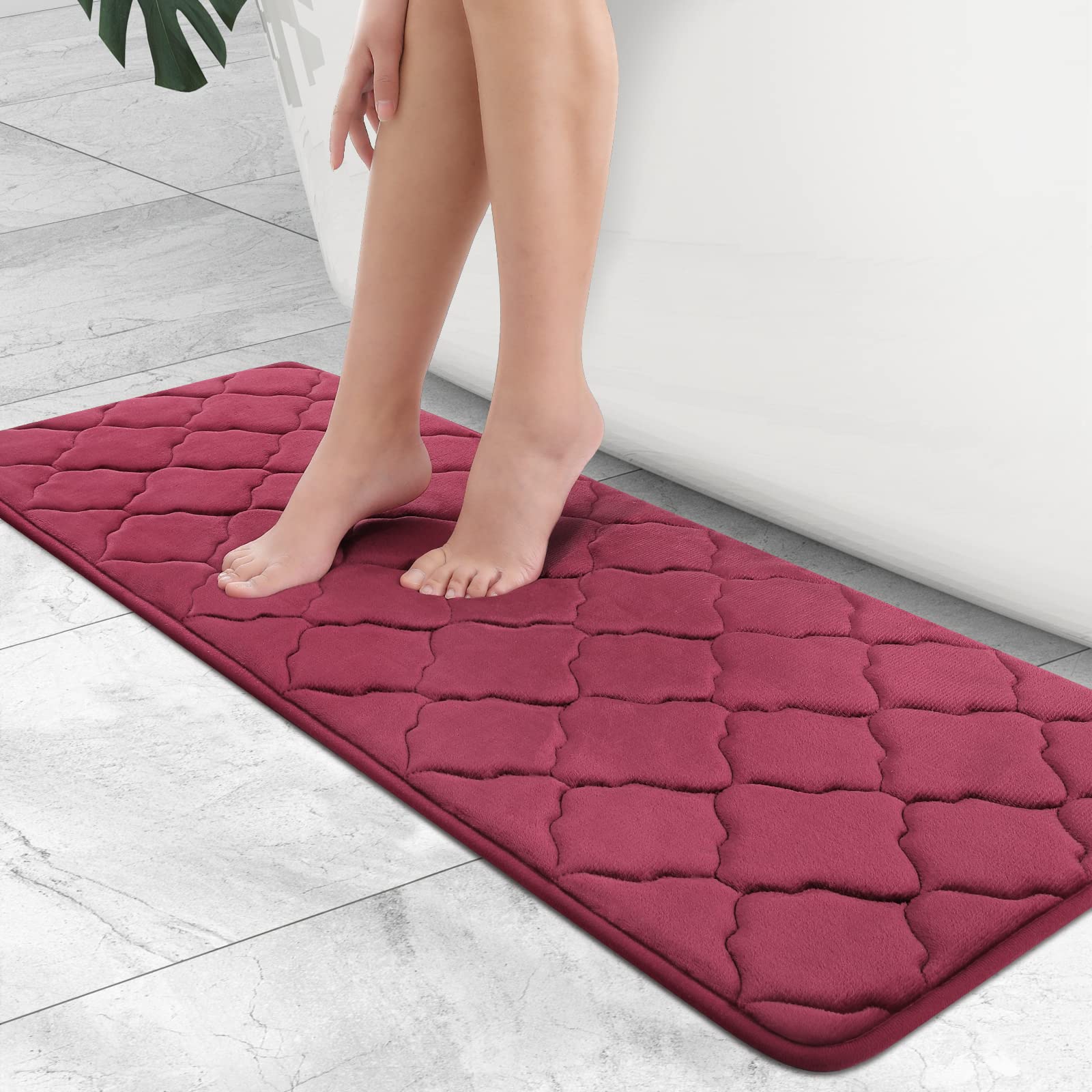 OLANLY Memory Foam Bath Mat Rug, Ultra Soft Non Slip and Absorbent Bathroom Rug, Machine Wash Dry, Comfortable, Thick Bath Rug Carpet for Bathroom Floor, Tub and Shower, 47x17, Burgundy