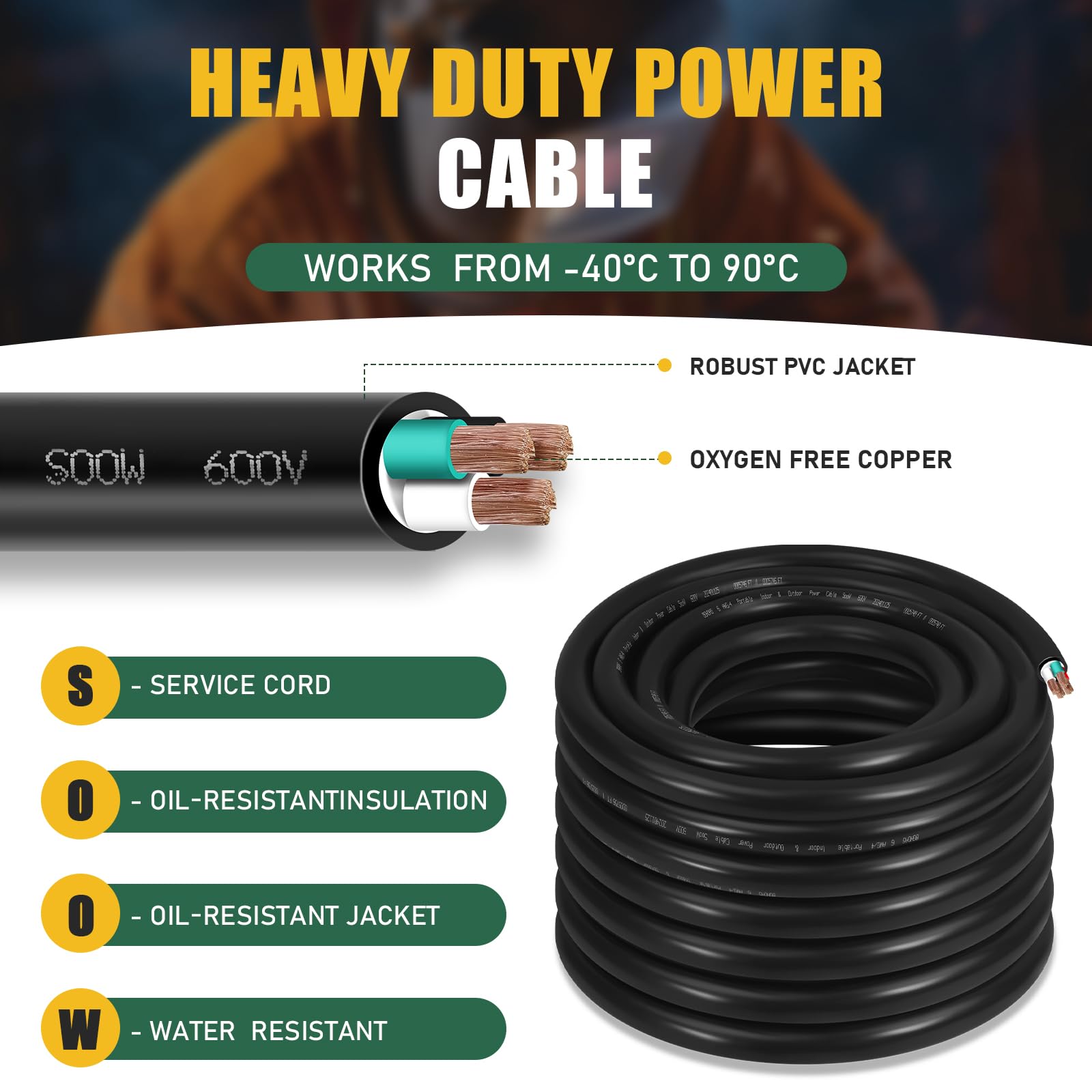 SOOW - Cavo elettrico portatile SOOW 6/4 6 AWG (4 conduttori), 600 V, calibro 6, per saldatore, generatore, luci portatili, caricabatterie per auto EV, industriali, uso esterno, 15 m