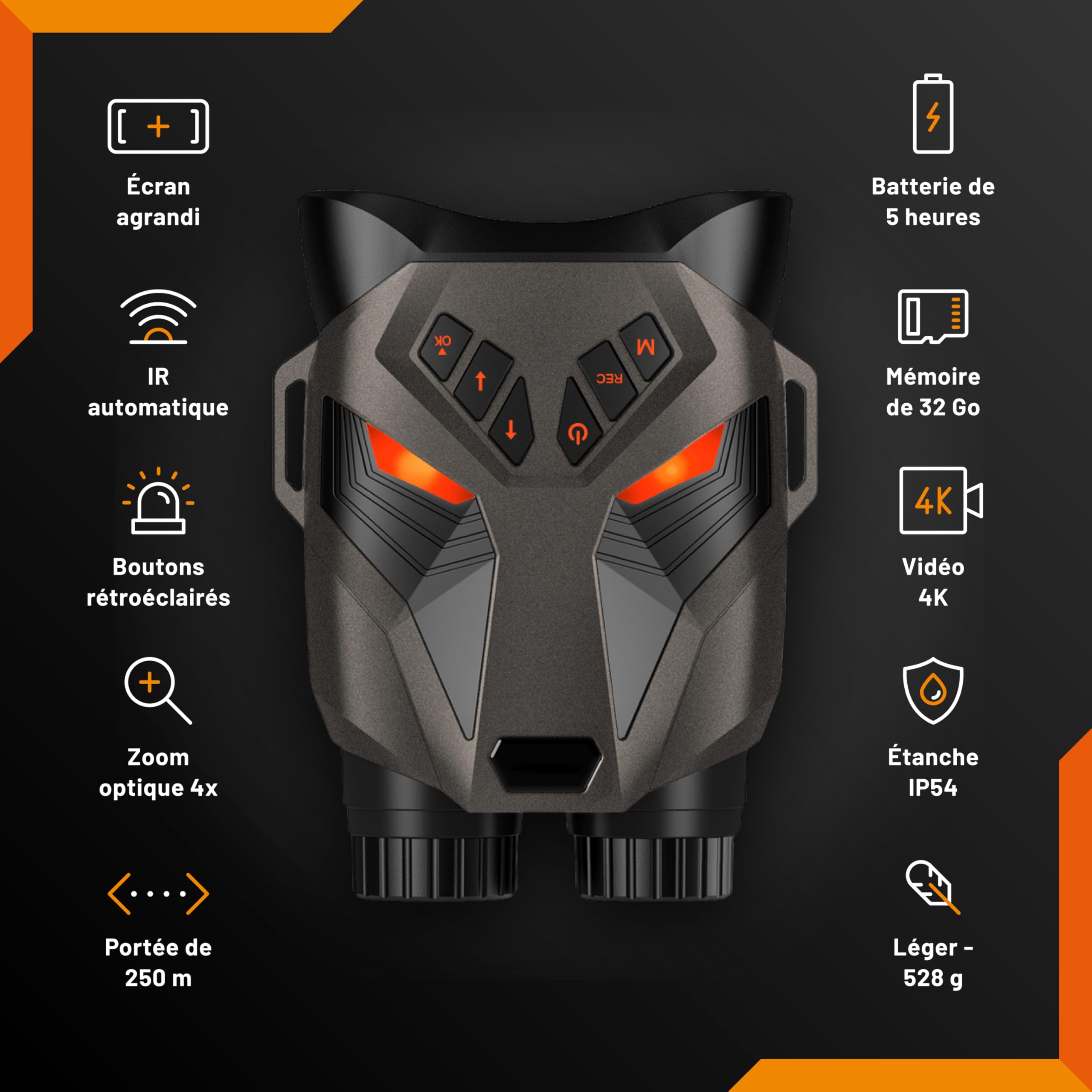Jumelles de vision nocturne – Nightfox Ember Lunettes de vision nocturne infrarouge, facile à utiliser, grand écran, grossissement 4x, portée 250m, vidéo 4K, jumelles numériques pour le camping