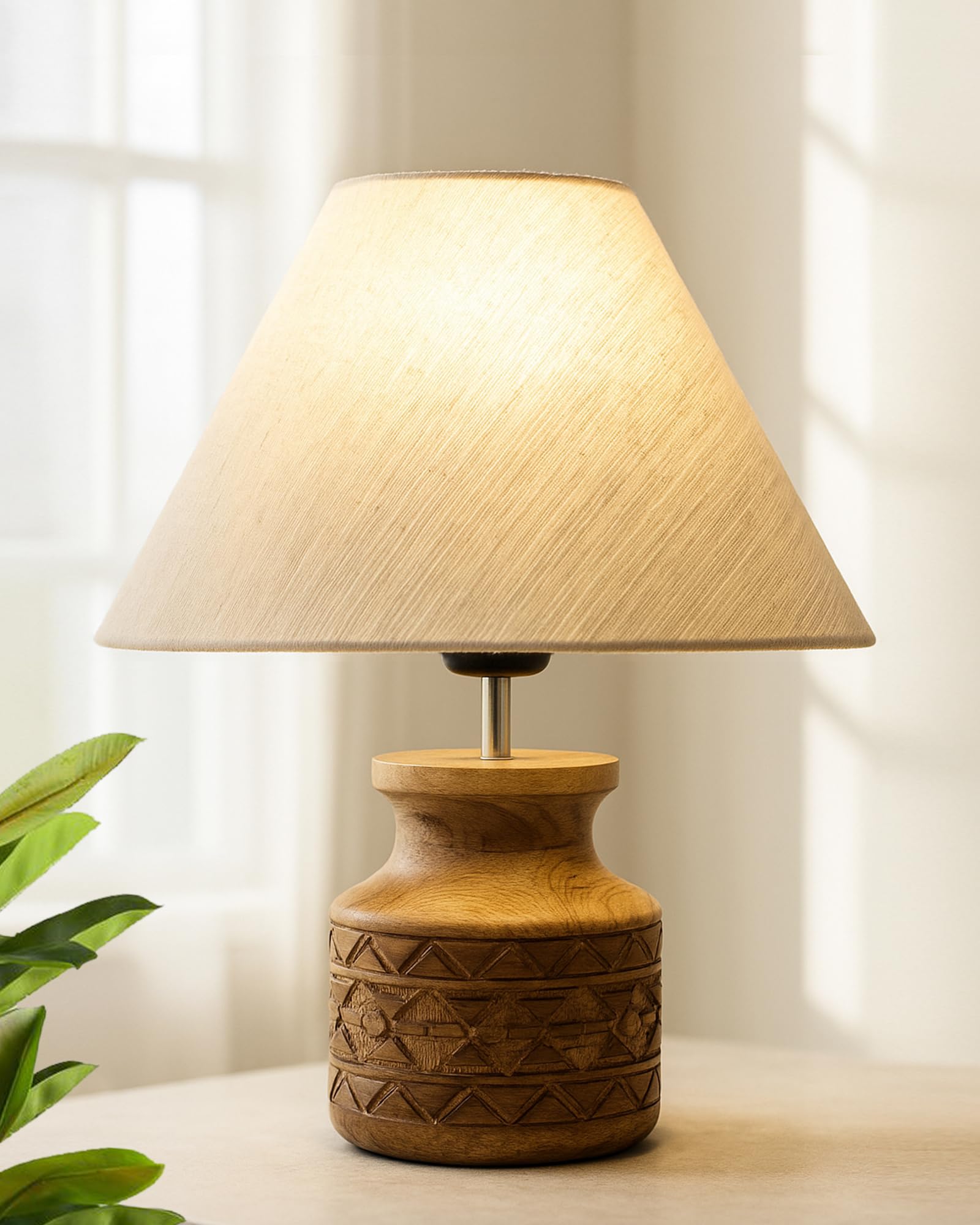 Homesake® Wood Table Lamp, Modern Base Fabric Lampshade for Home Office Cafe Restaurant, Carved Pot, (Jute)-image-35