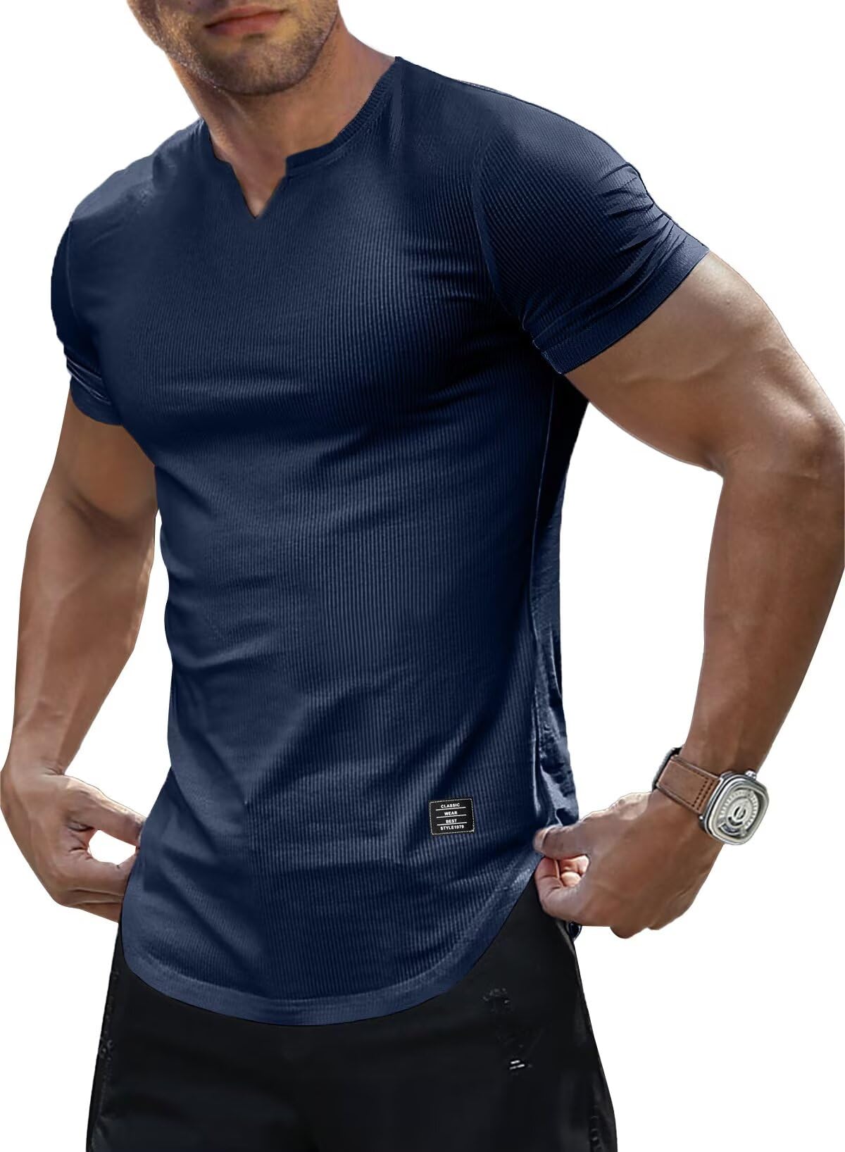 Meilicloth Camiseta Hombre Slim Fit Cuello en V Manga Corta Deportiva Básica Musculosa Colores Varios S-3XL — view 12
